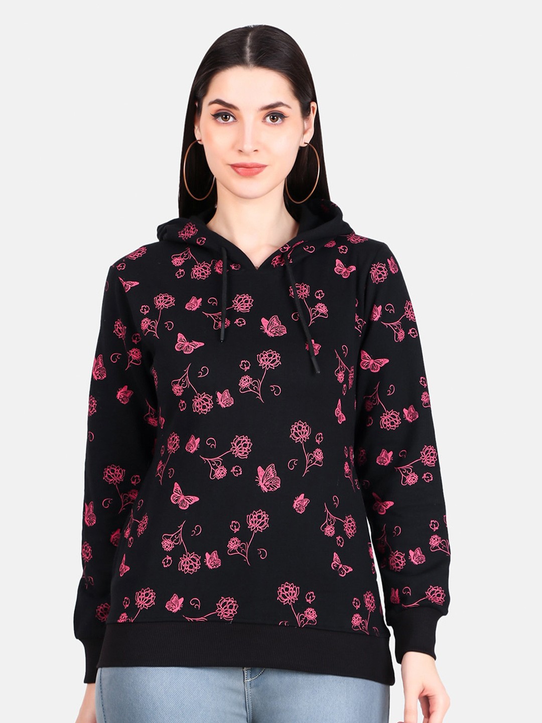 

WELL QUALITY Women Printed Hooded Sweatshirt, Black
