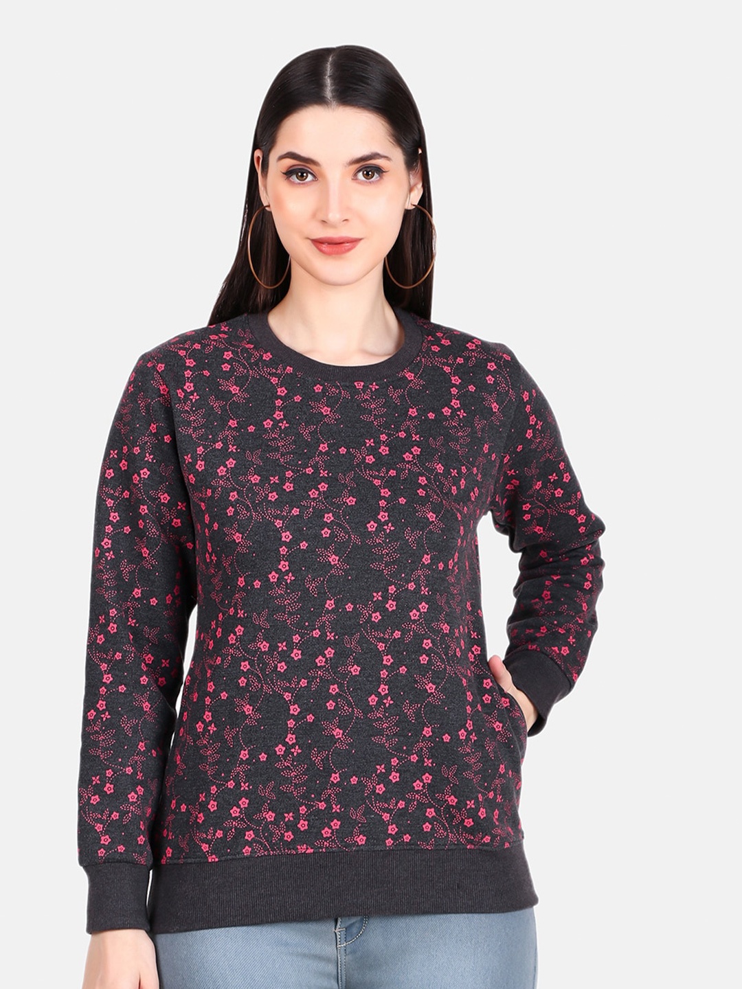

WELL QUALITY Women Printed Sweatshirt, Charcoal
