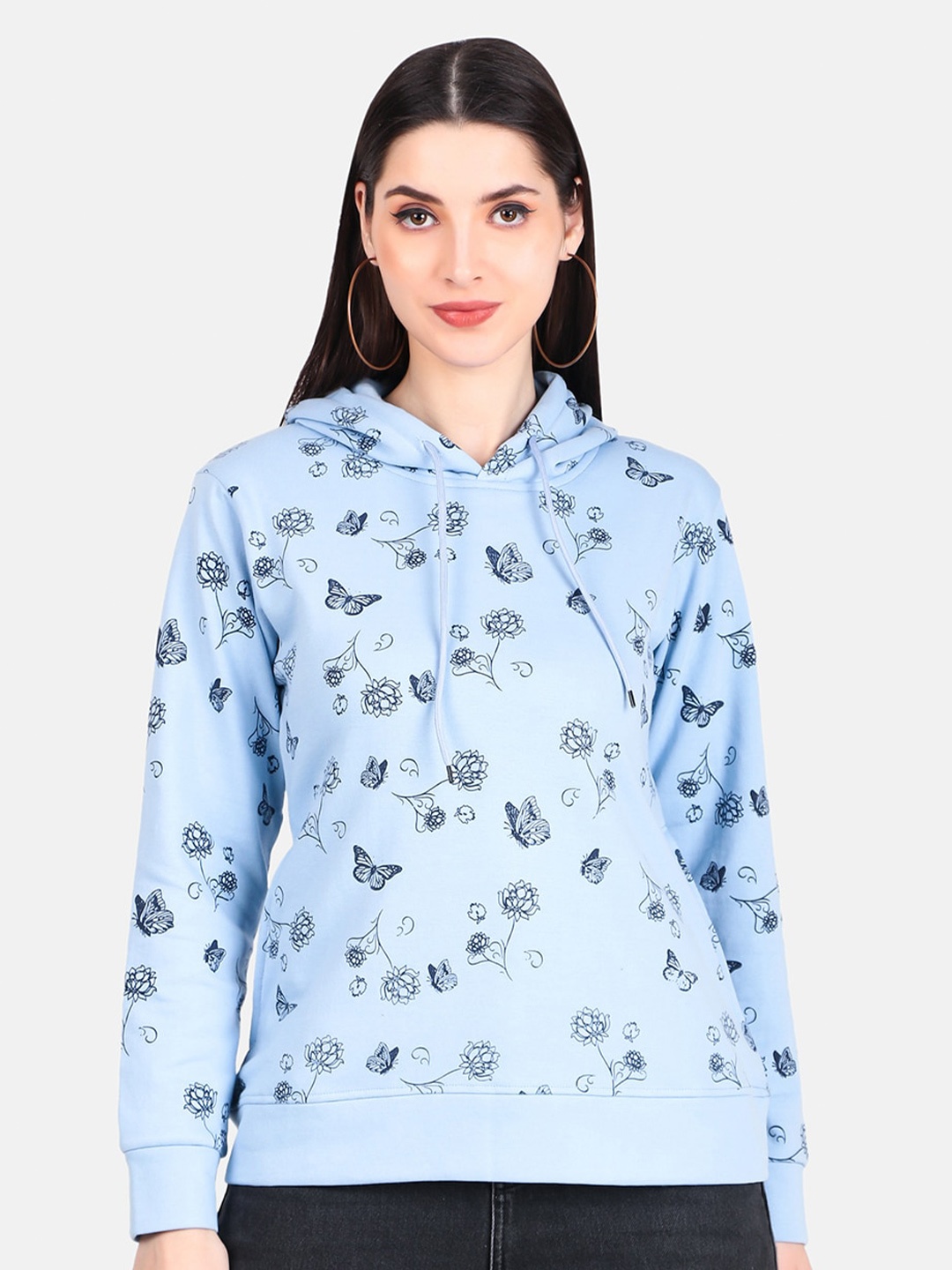 

WELL QUALITY Women Printed Hooded Sweatshirt, Blue