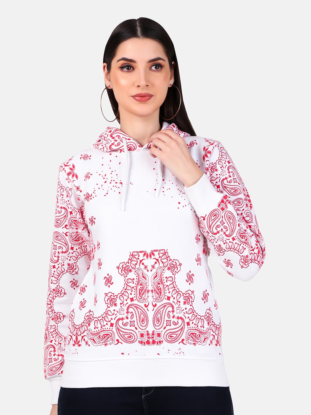 

WELL QUALITY Women Printed Hooded Sweatshirt, White