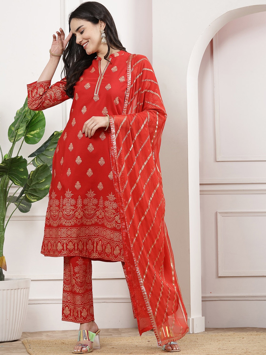 

Nayam By Lakshita Ethnic Motifs Printed Regular Gotta Patti Kurta With Palazzos & Dupatta, Red