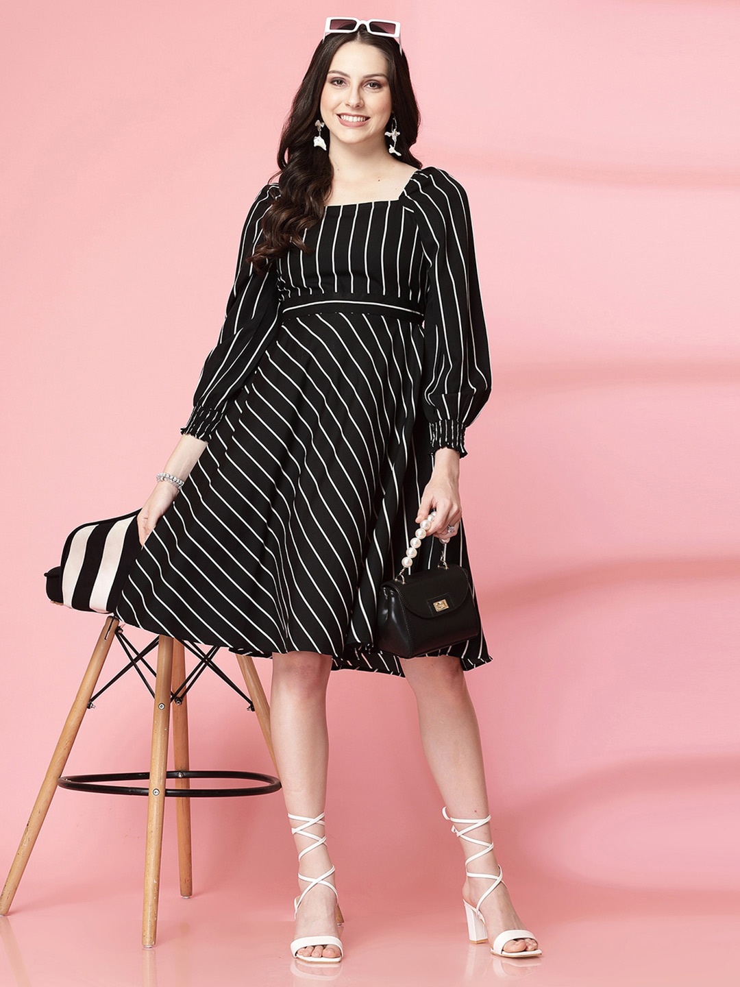 

Selvia Striped Crepe Fit & Flare Dress, Black