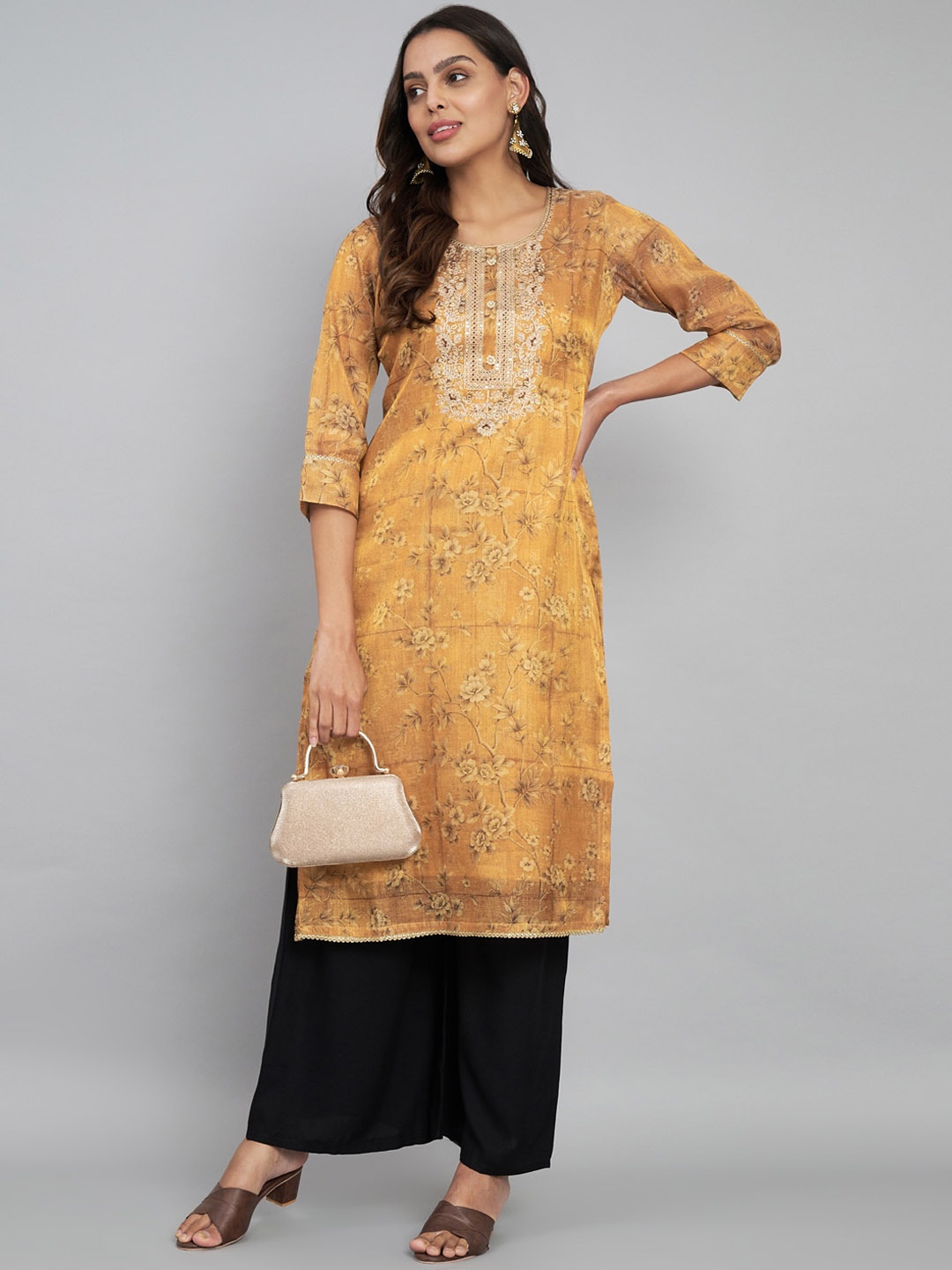 

Label Khoj Floral Printed Round Neck Silk Straight Kurta, Mustard