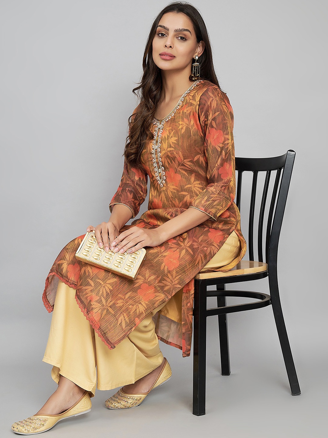 

Label Khoj Floral Printed Round Neck Silk Straight Kurta, Brown