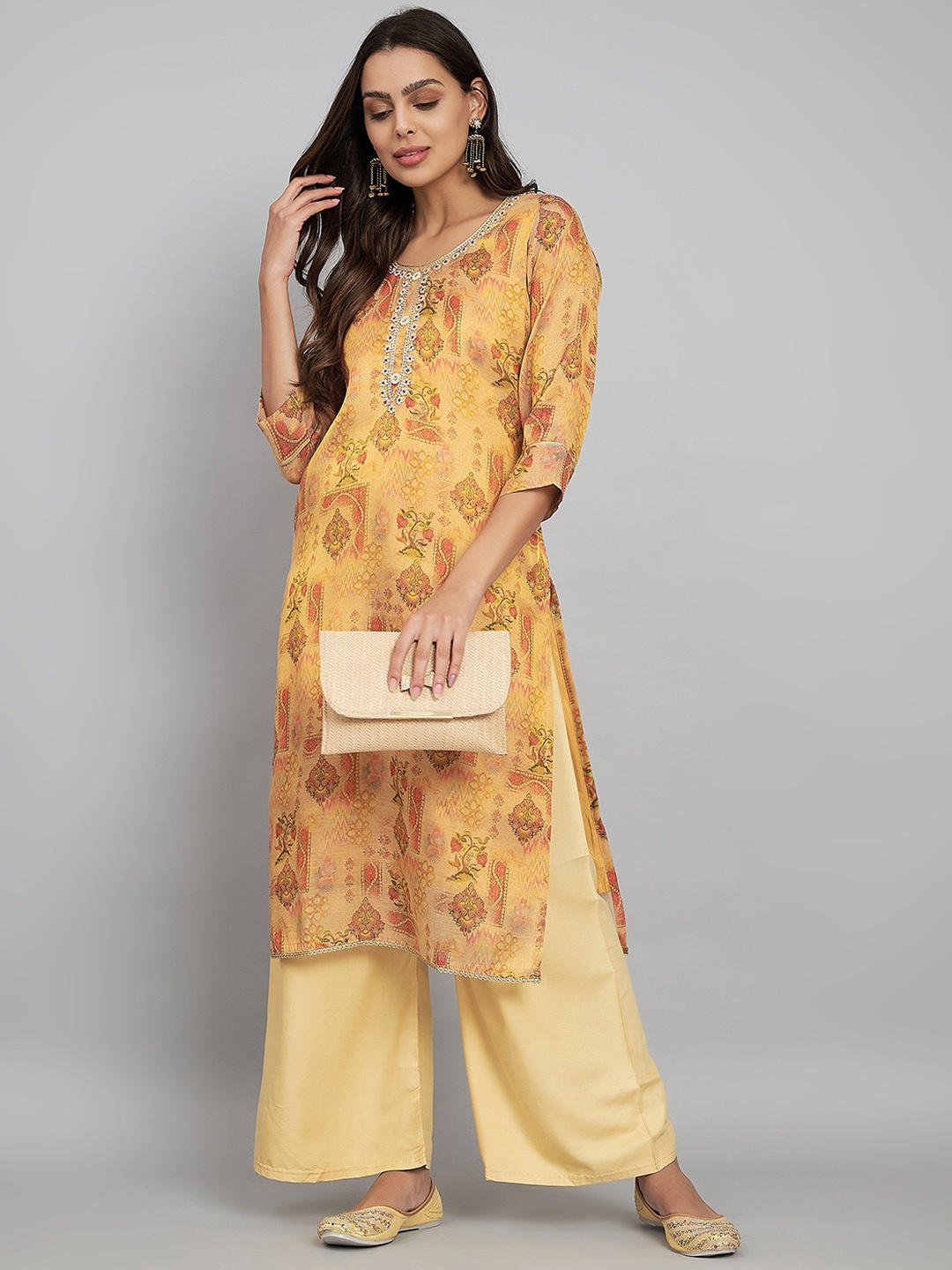 

Label Khoj Ethnic Motifs Printed Round Neck Silk Straight Kurta, Grey