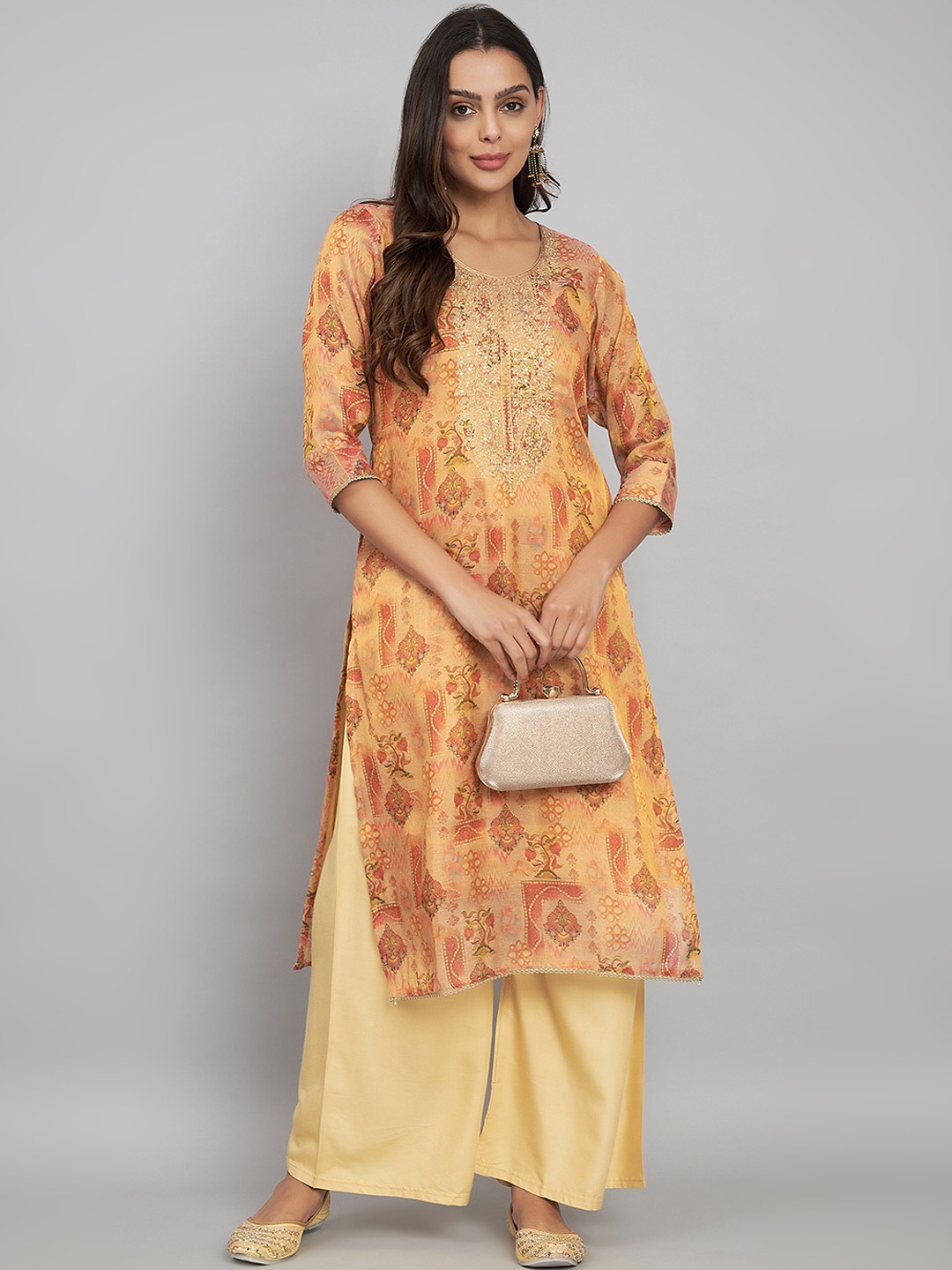 

Label Khoj Ethnic Motifs Round Neck Silk Straight Kurta, Brown