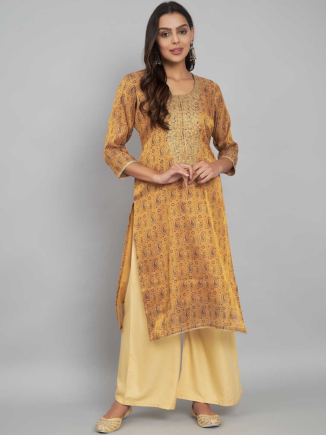 

Label Khoj Paisley Printed Round Neck Silk Straight Kurta, Yellow