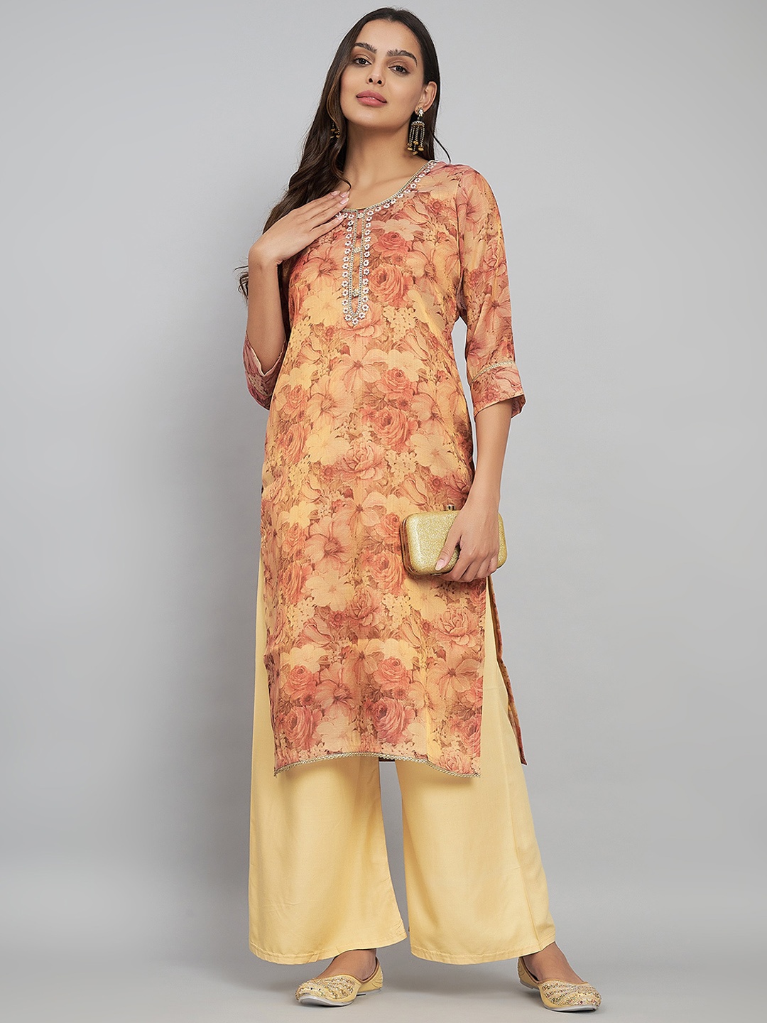 

Label Khoj Floral Printed Embroidered Yoke Design Straight Kurta, Brown