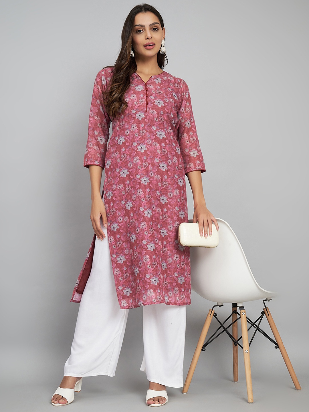 

Label Khoj Floral Printed Linen Straight Kurta, Maroon