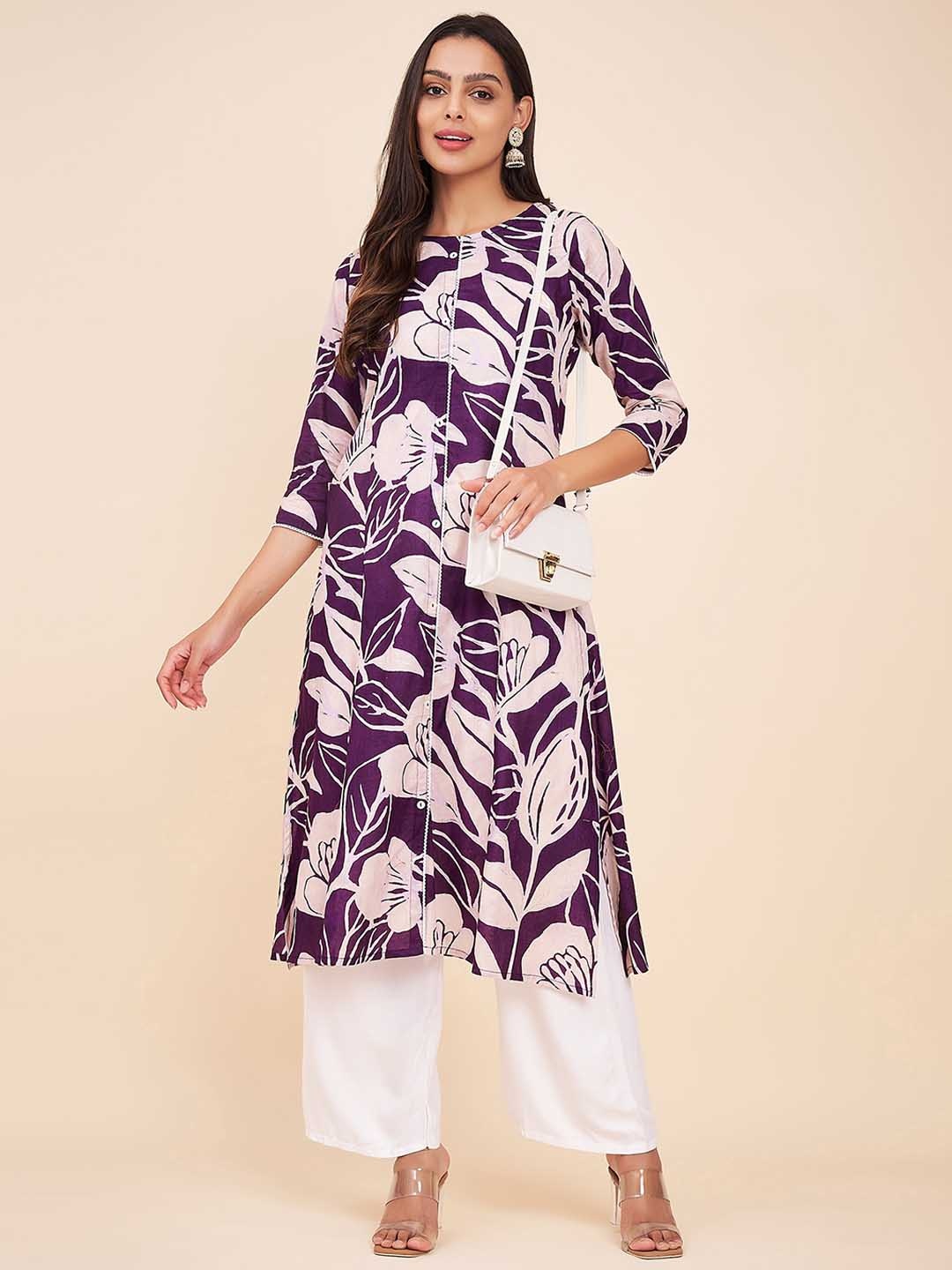 

Label Khoj Floral Printed Round Neck Cotton Straight Kurta, Purple