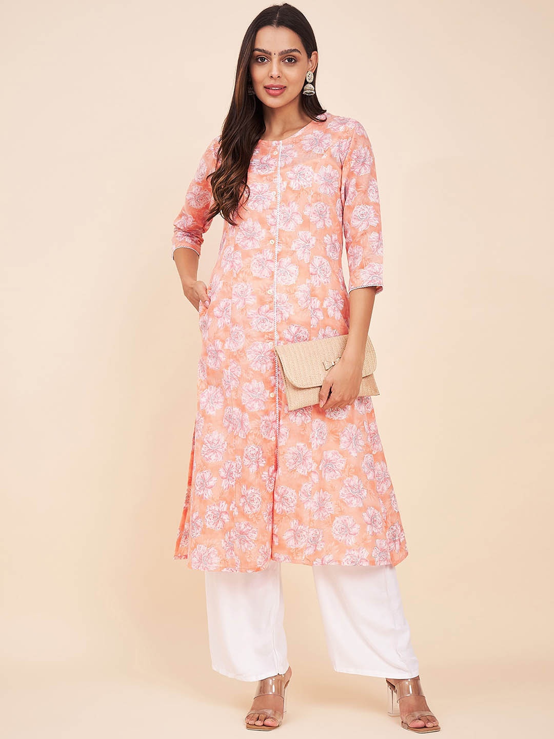 

Label Khoj Floral Printed Round Neck Cotton Straight Kurta, Orange