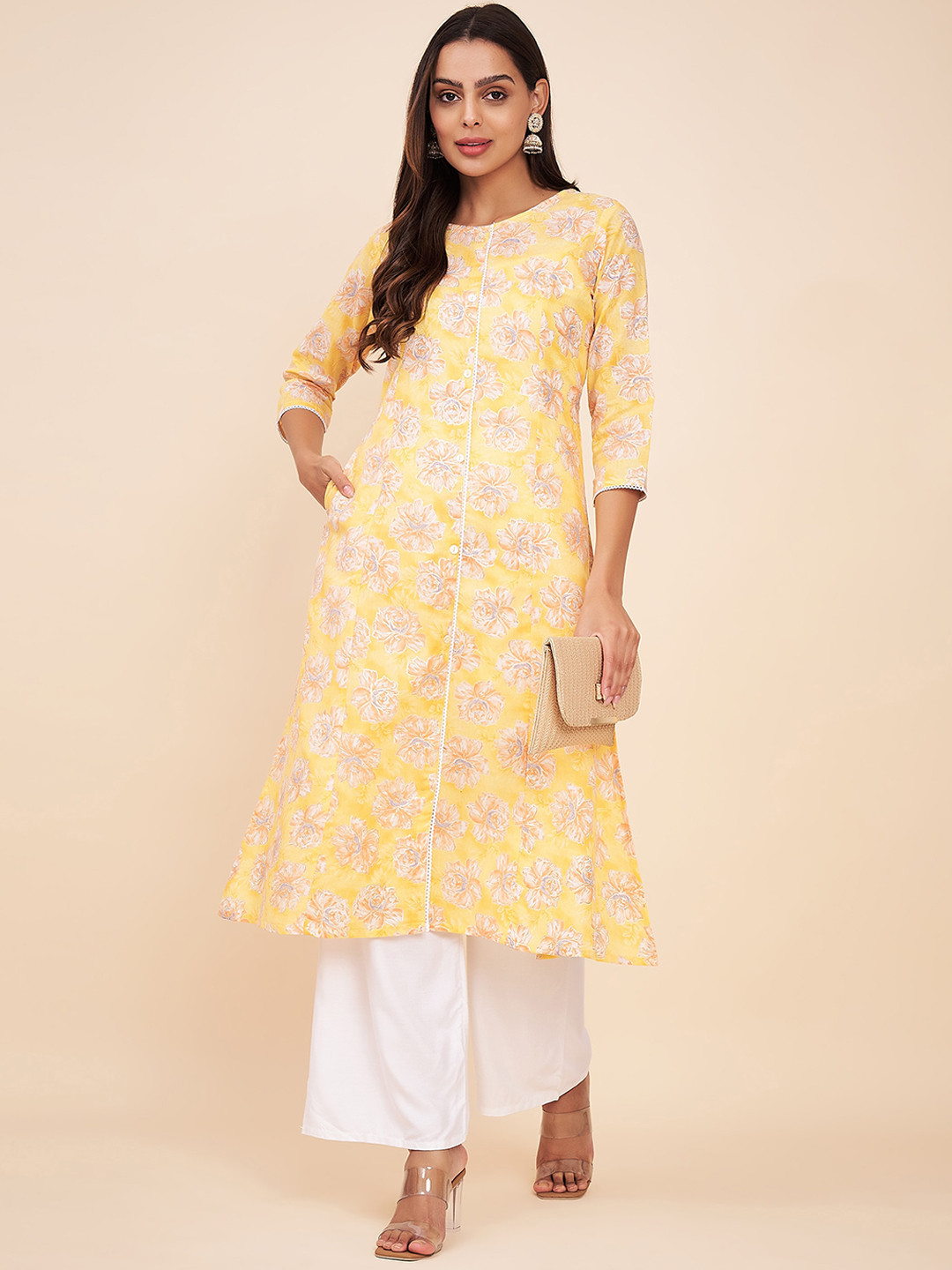 

Label Khoj Floral Printed Gotta Patti Cotton A Line Kurta, Yellow
