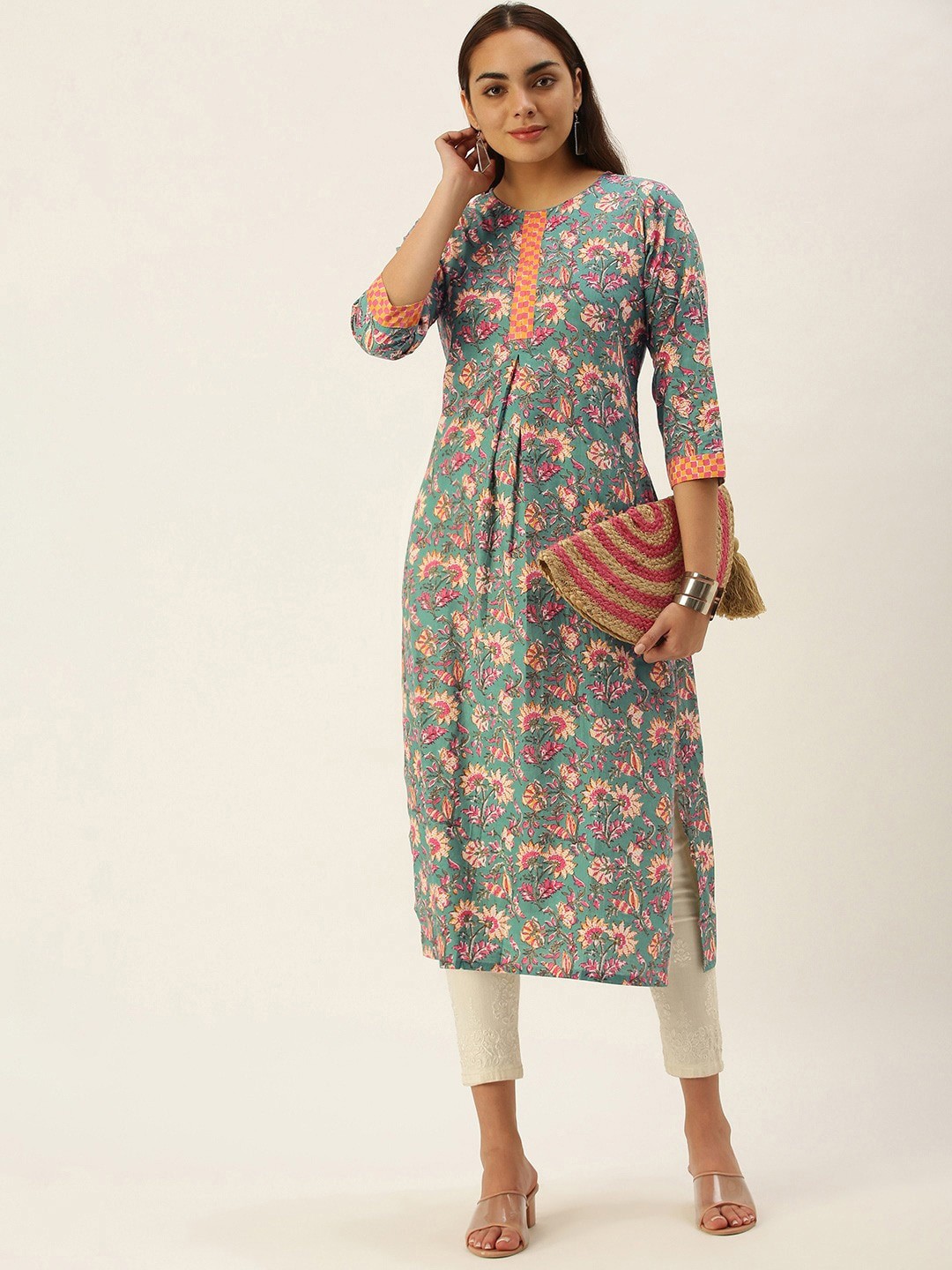 

KALINI Floral Printed A-line Kurta, Green