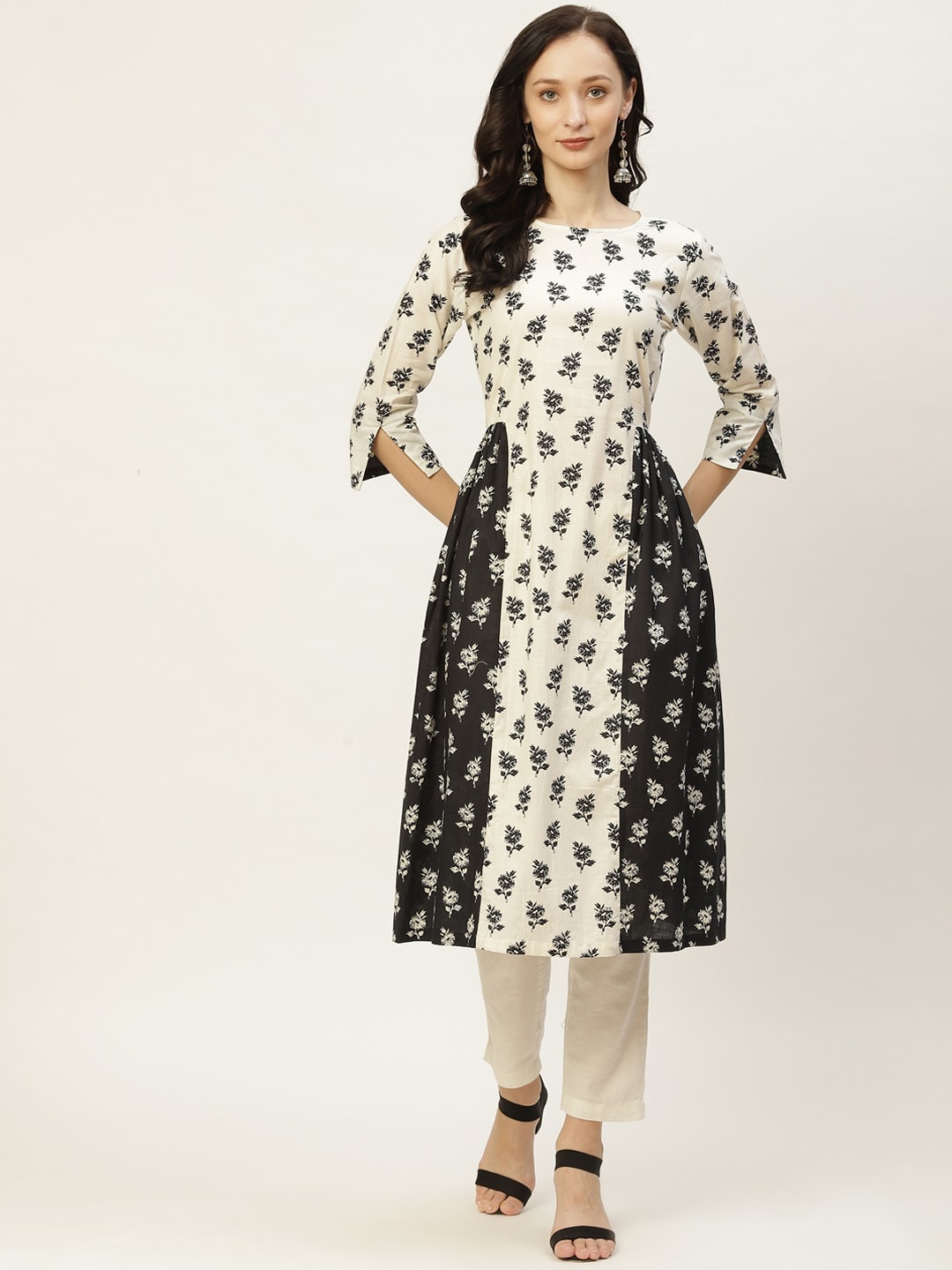 KALINI Ethnic Motifs Printed Anarkali Kurta, Off white