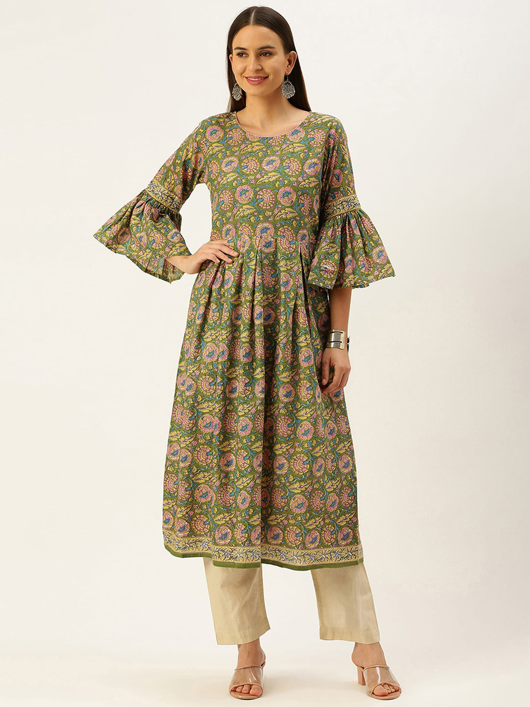 

KALINI Floral Printed Flared Sleeves Anarkali Kurta, Yellow