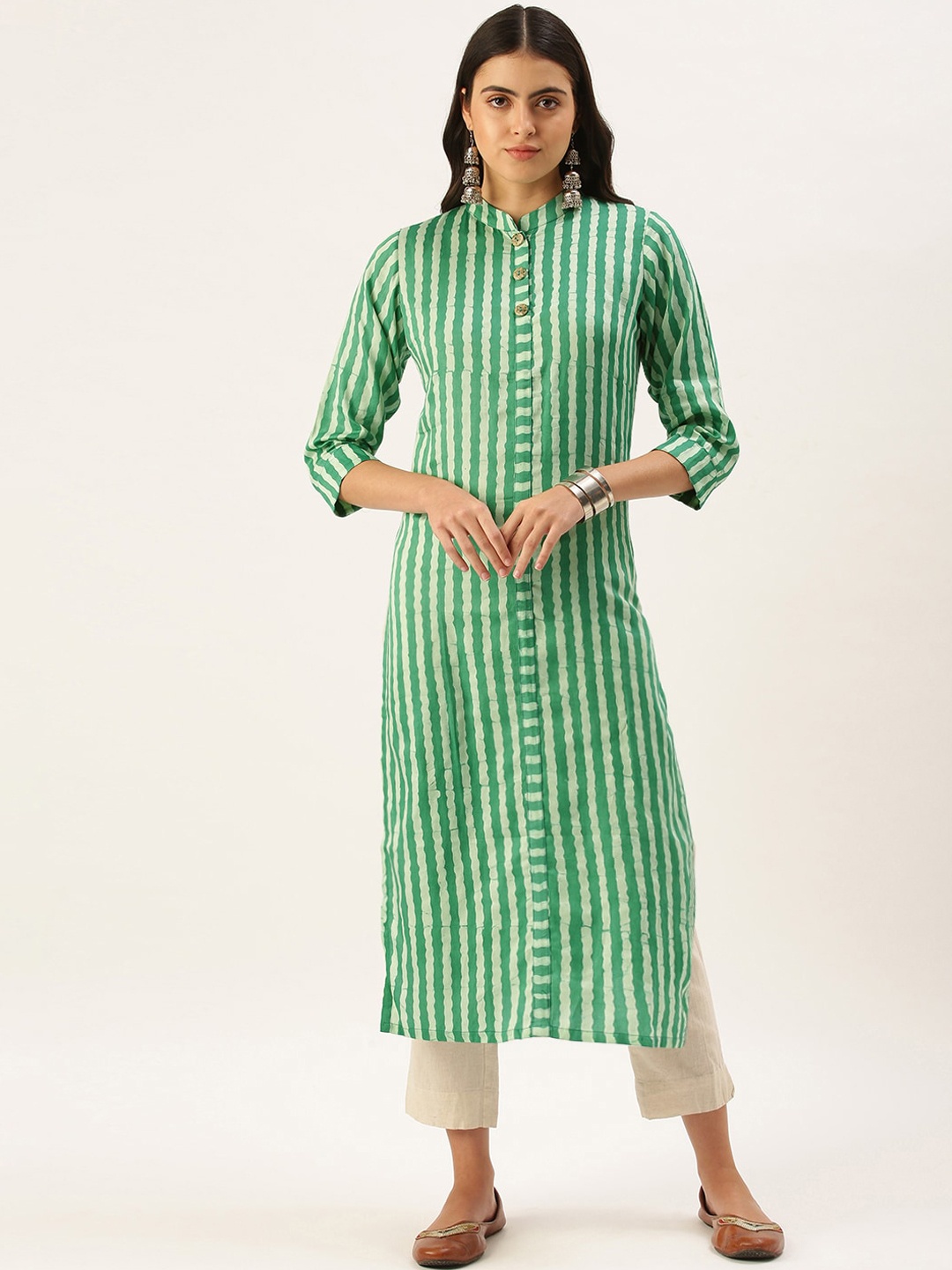 

KALINI Striped Mandarin Collar Straight Kurta, Green