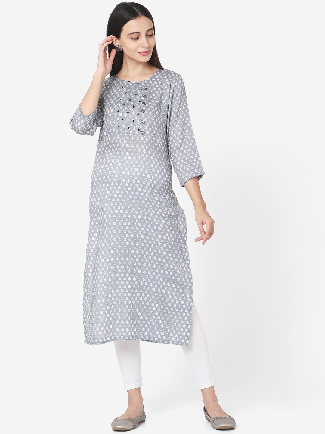 

KALINI Ethnic Printed Straight Kurta, Grey