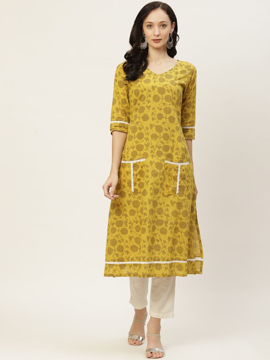 

KALINI Floral Printed A-Line Kurta, Green