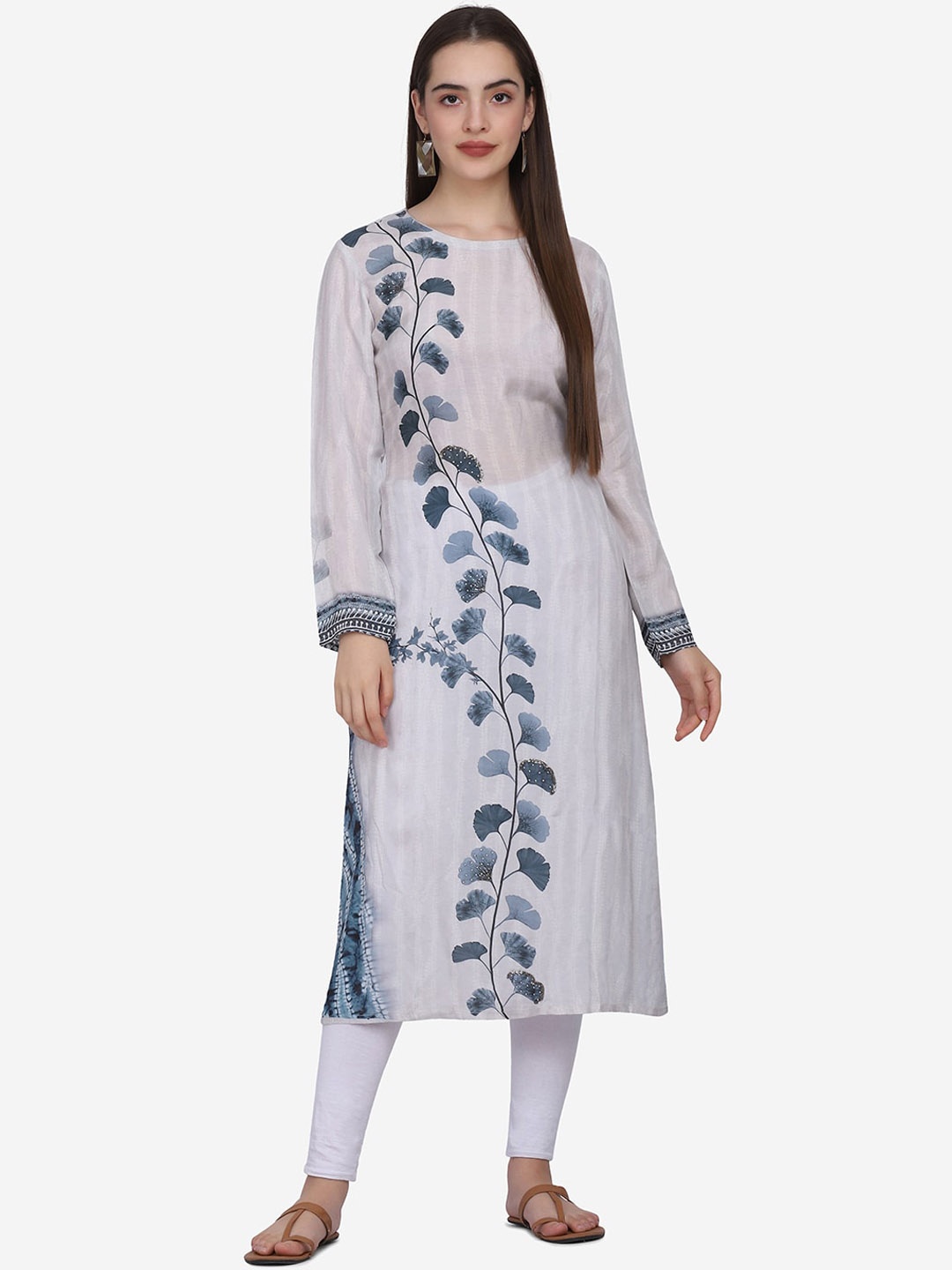 

KALINI Floral Printed Sequined Straight Kurta, Grey