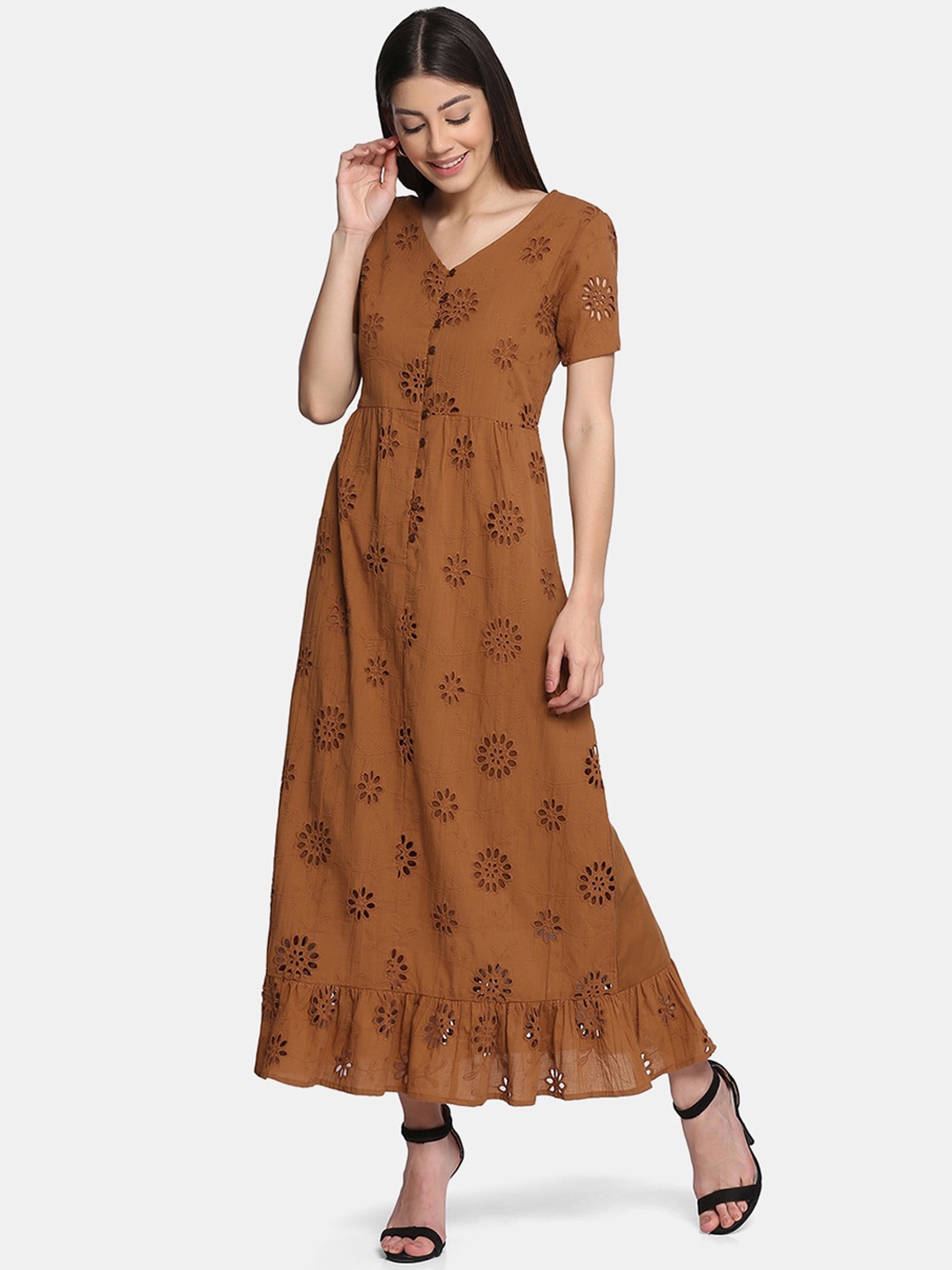 

KALINI Floral Woven Design V-Neck Dress, Brown