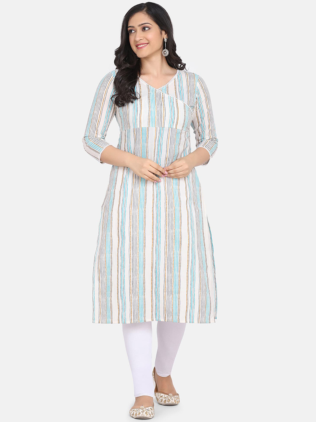 

Shaily Round Neck Striped Printed Thread Work Indie Prints Kurta, Grey