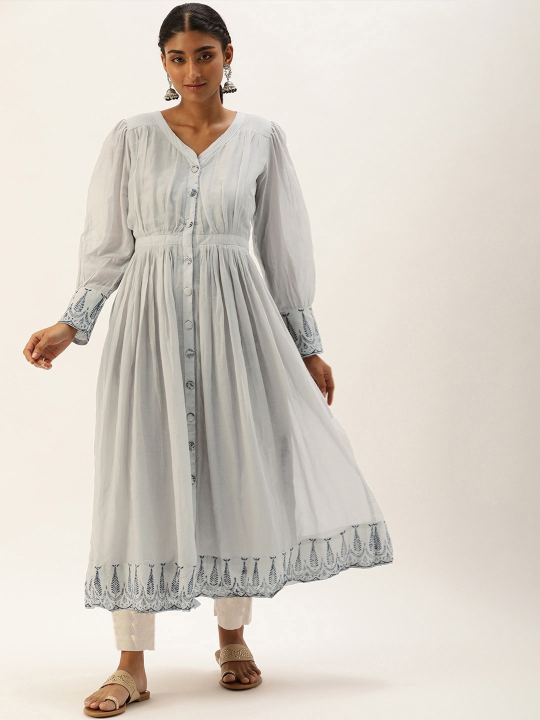 

Shaily Ethnic Motifs Printed Puff Sleeves Anarkali Kurta, Off white