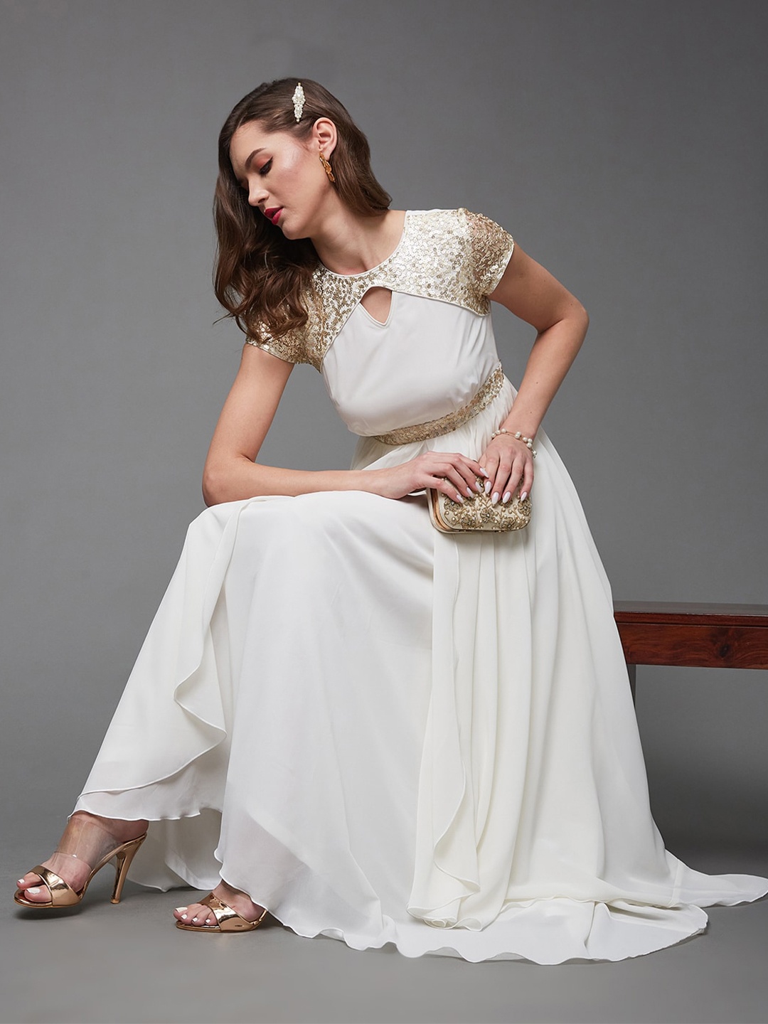 

Miss Chase Women Embellished Layered Keyhole Neck Georgette Maxi Dress, Off white