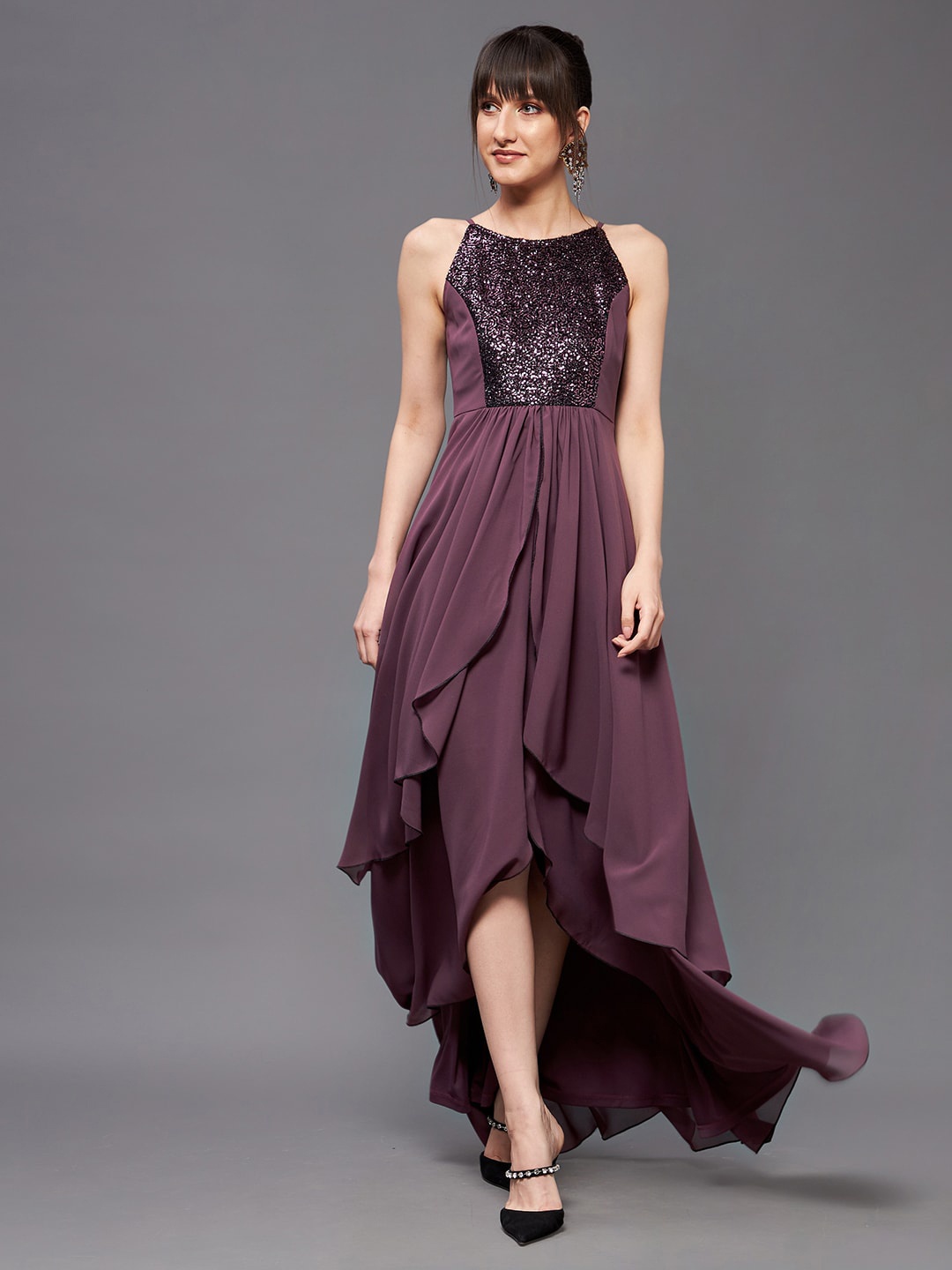 

Miss Chase Women Halter Neck Sleeveless Embellished Layered Fit & Flare Dress, Mauve