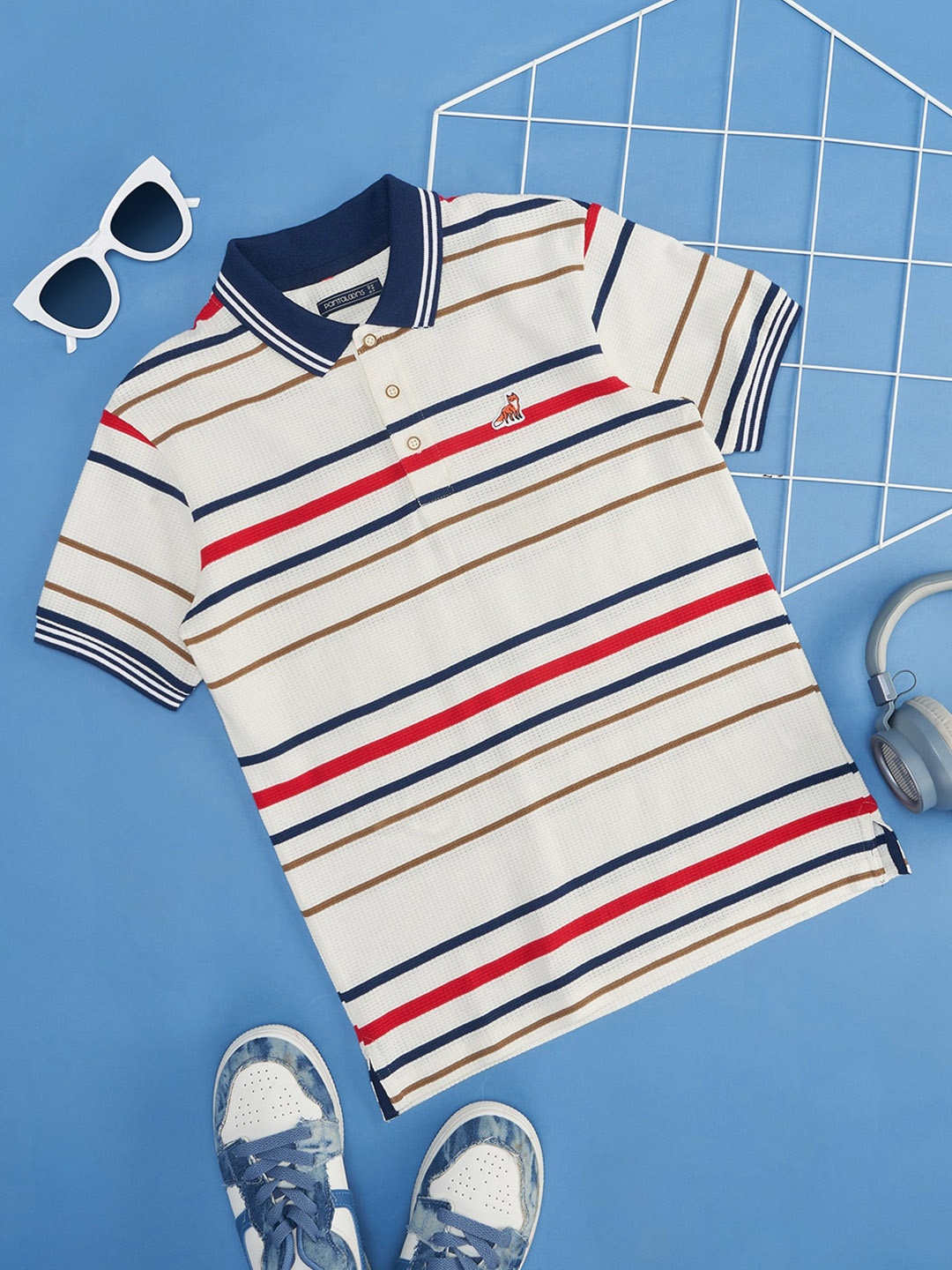 

Pantaloons Junior Boys Striped Polo Collar Applique T-shirt, White