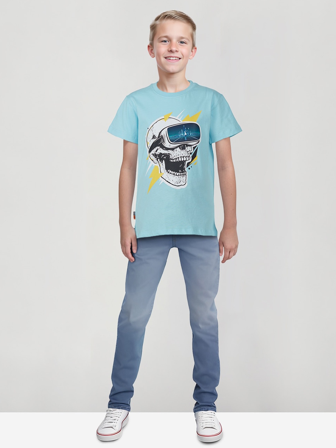 Gini and Jony Boys Typography Printed Applique T-shirt, Blue