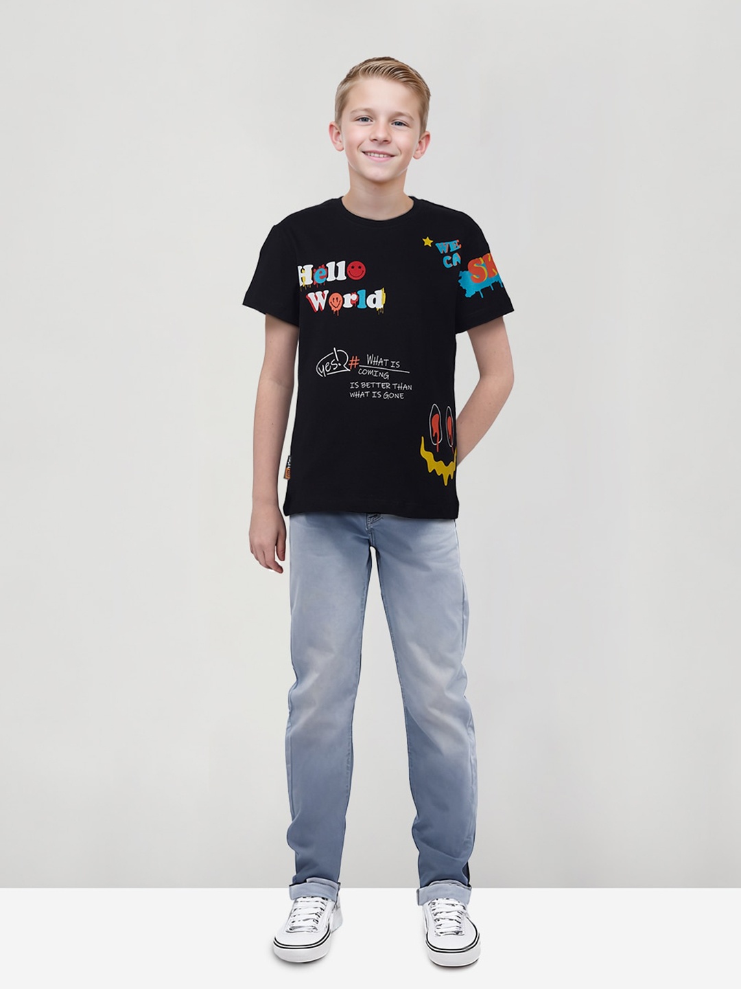 

Gini and Jony Boys Typography Printed Applique T-shirt, Black