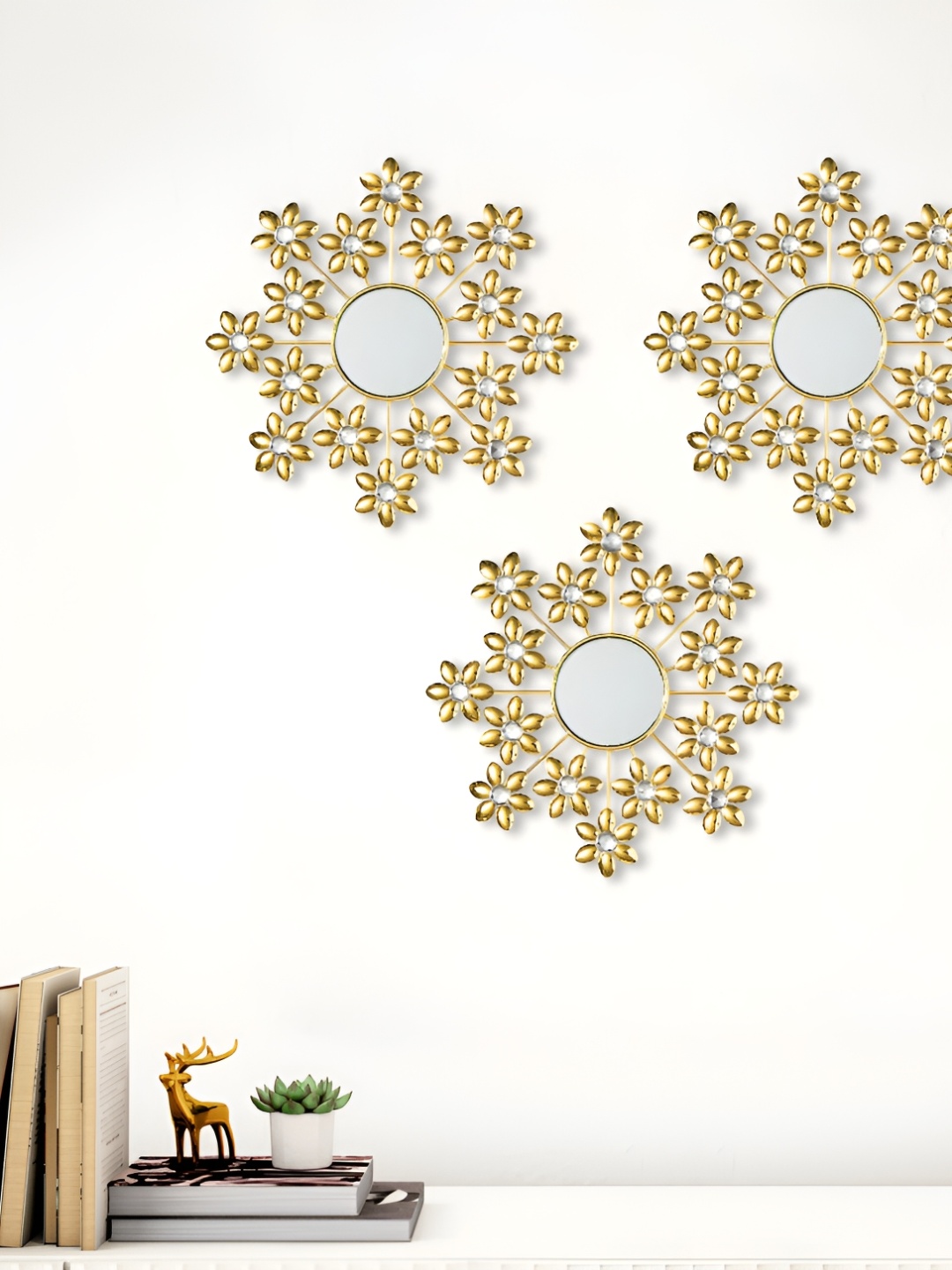 

Home Centre Gold Toned & Silver Toned 3 Pieces Metal Decor Mirror Wall Art