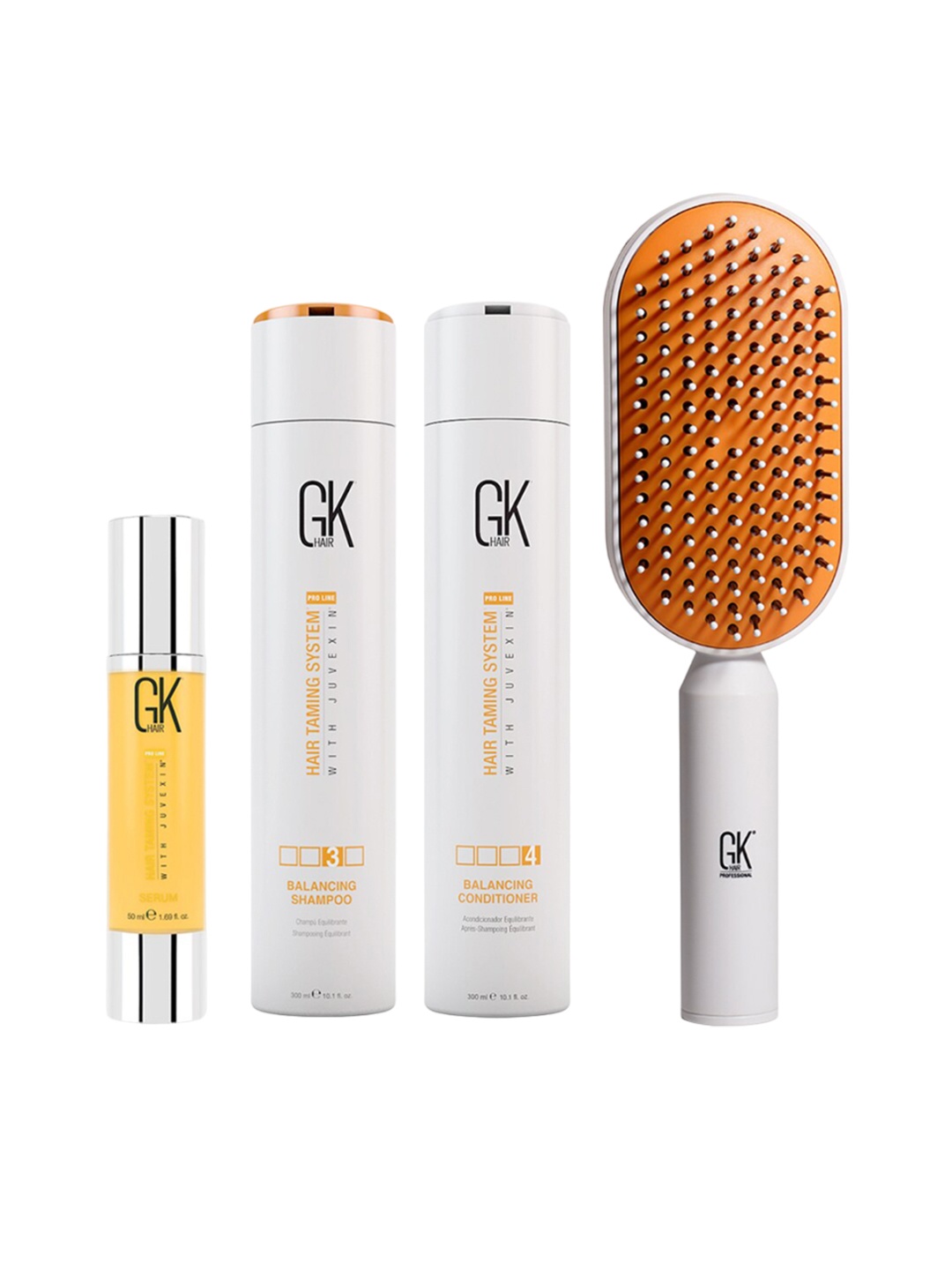 

GK HAIR Pro Line Set Of 4 Serum - 50ml-Balancing Shampoo & Conditioner - 300ml Each-Brush, White