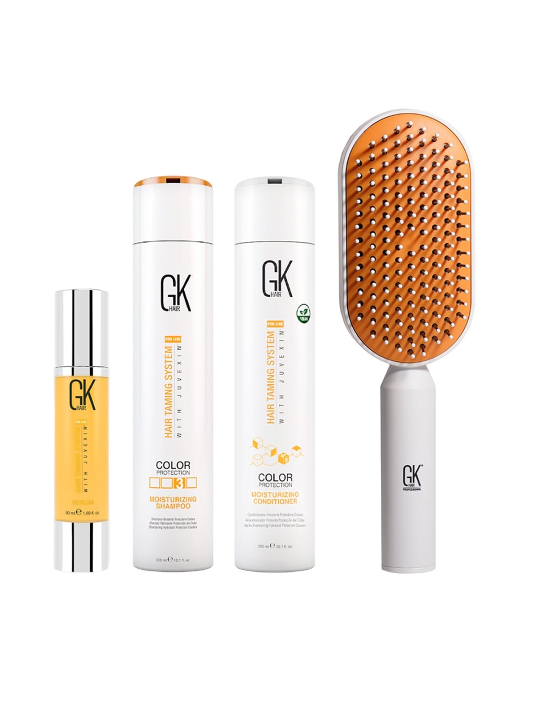 

GK HAIR Set Of 4 Moisturizing Shampoo-Conditioner-Argan Serum & Hair Brush Combo, White