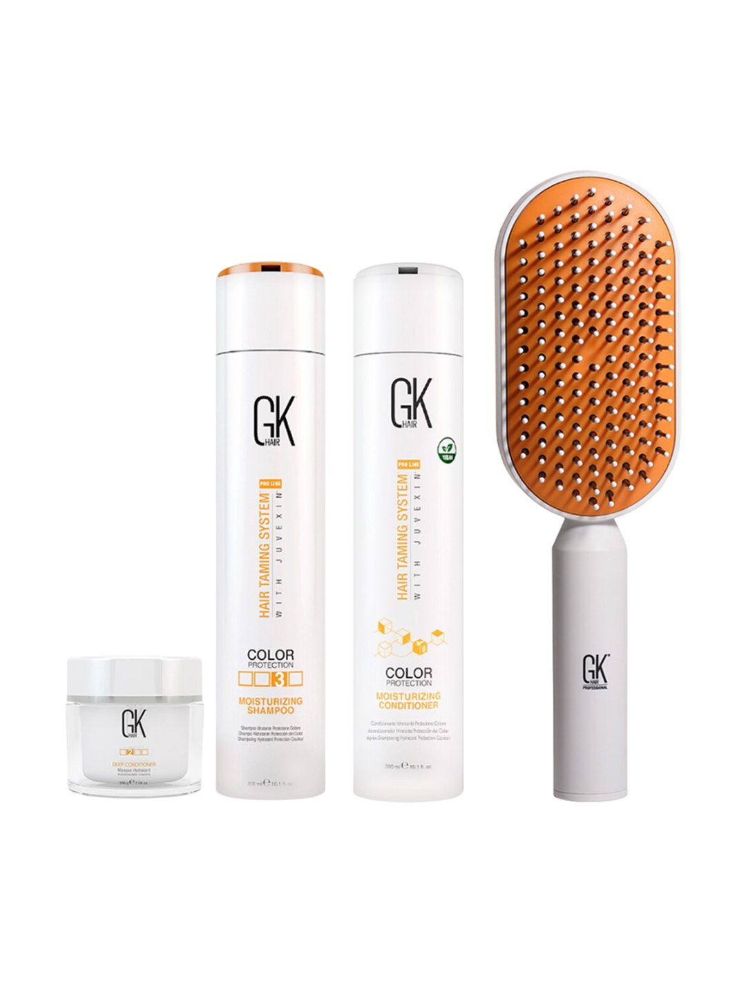 

GK HAIR Set Of 4 Moisturizing Shampoo-Conditioner-Masque & Hair Brush Combo, White