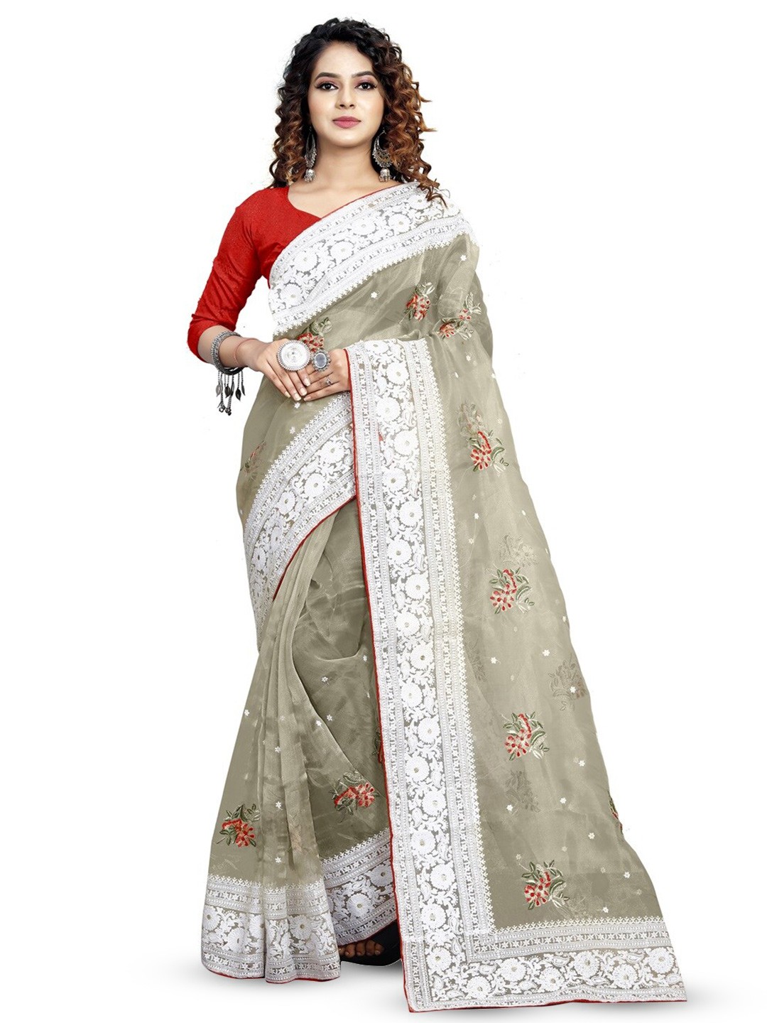 

SAREESBYCHIRAG Ethnic Motifs Embroidered Organza Saree, Green