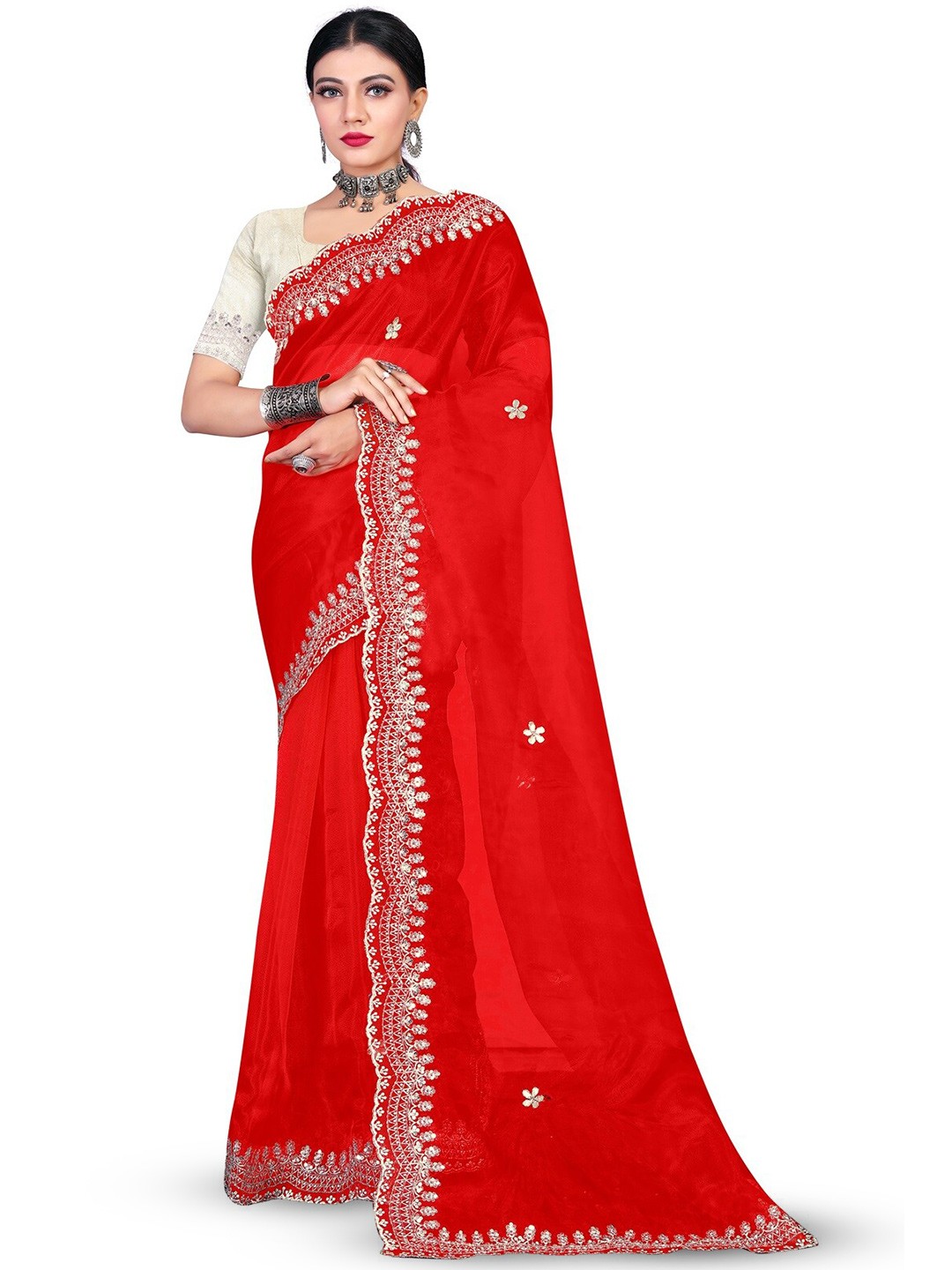 

SAREESBYCHIRAG Ethnic Motifs Sequinned Organza Saree, Red