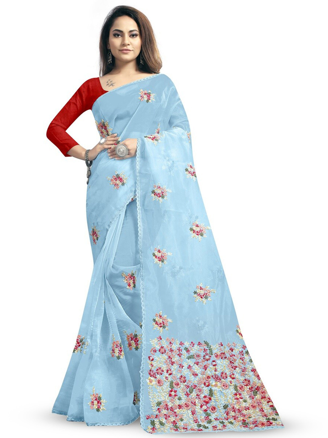 

SAREESBYCHIRAG Ethnic Motifs Embroidered Organza Saree, Blue