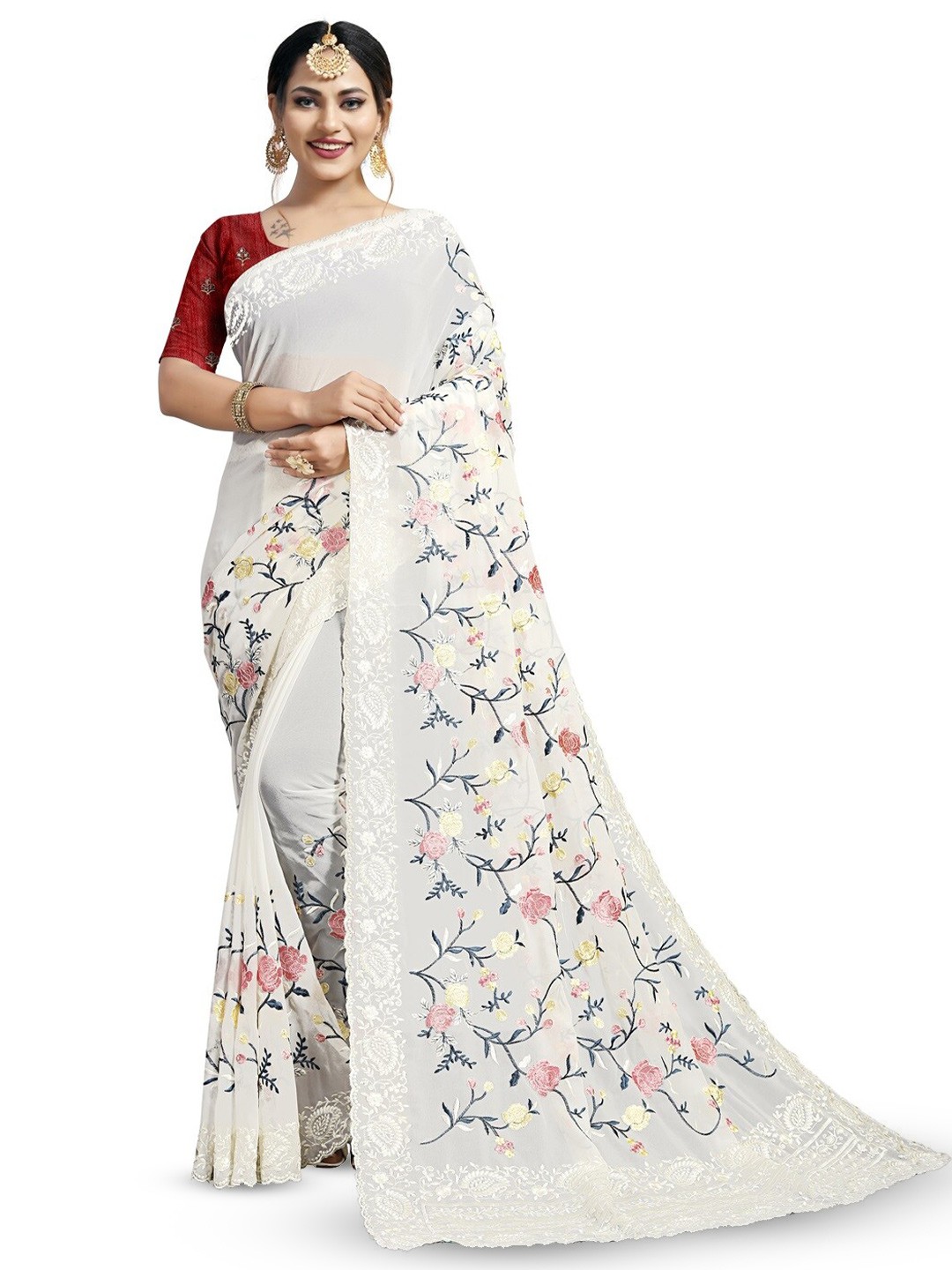 

SAREESBYCHIRAG Ethnic Motifs Embroidered Pure Georgette Saree, White