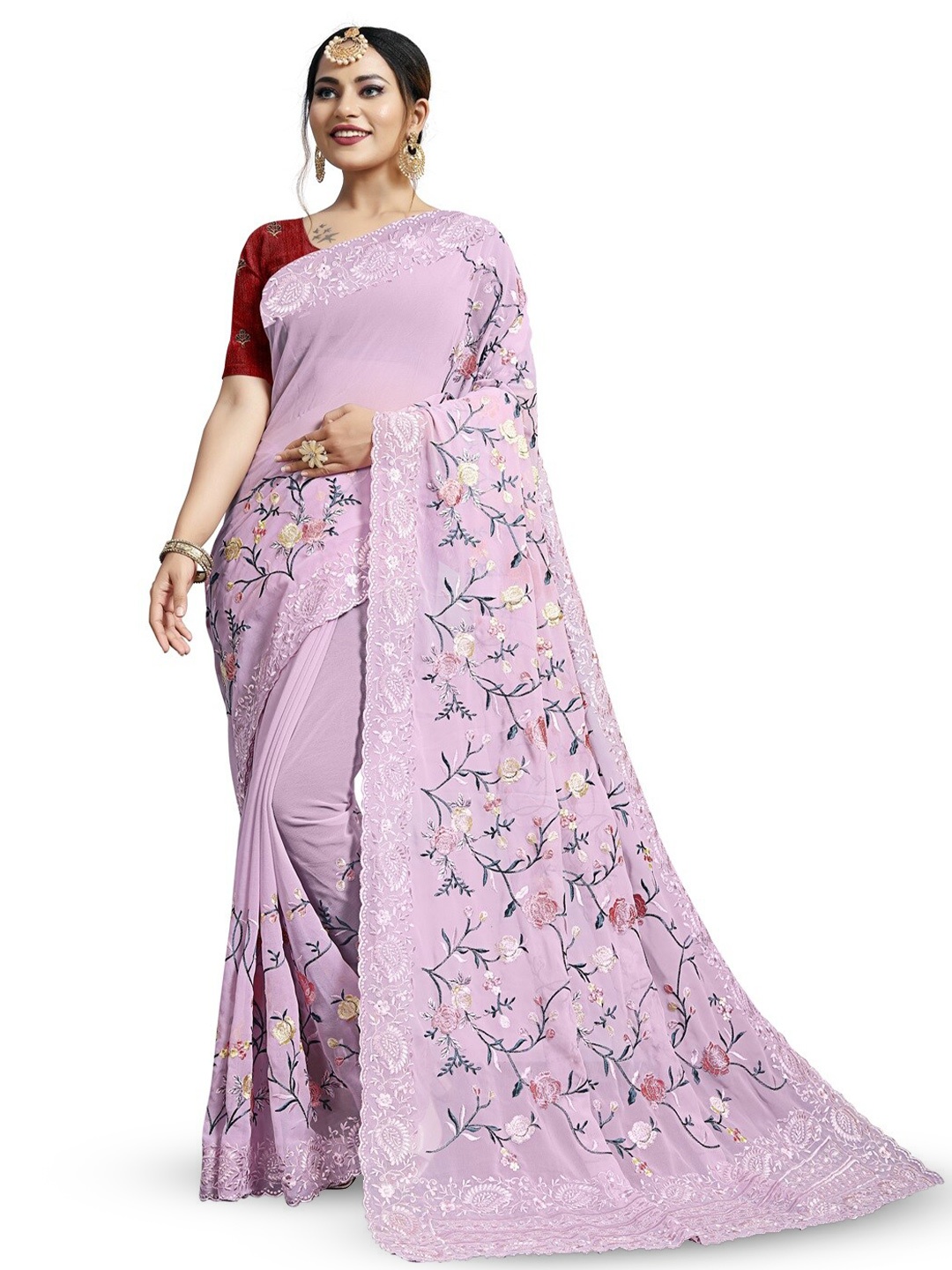 

SAREESBYCHIRAG Ethnic Motifs Embroidered Pure Georgette Saree, Lavender