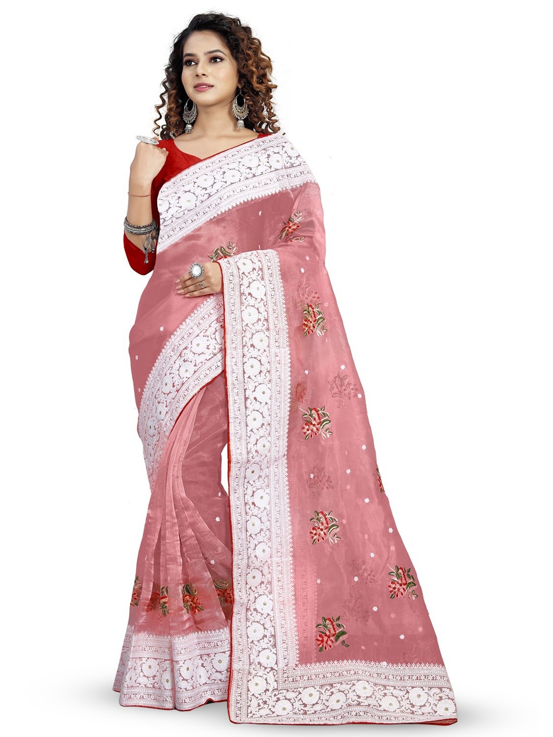 

SAREESBYCHIRAG Ethnic Motifs Embroidered Organza Saree, Pink