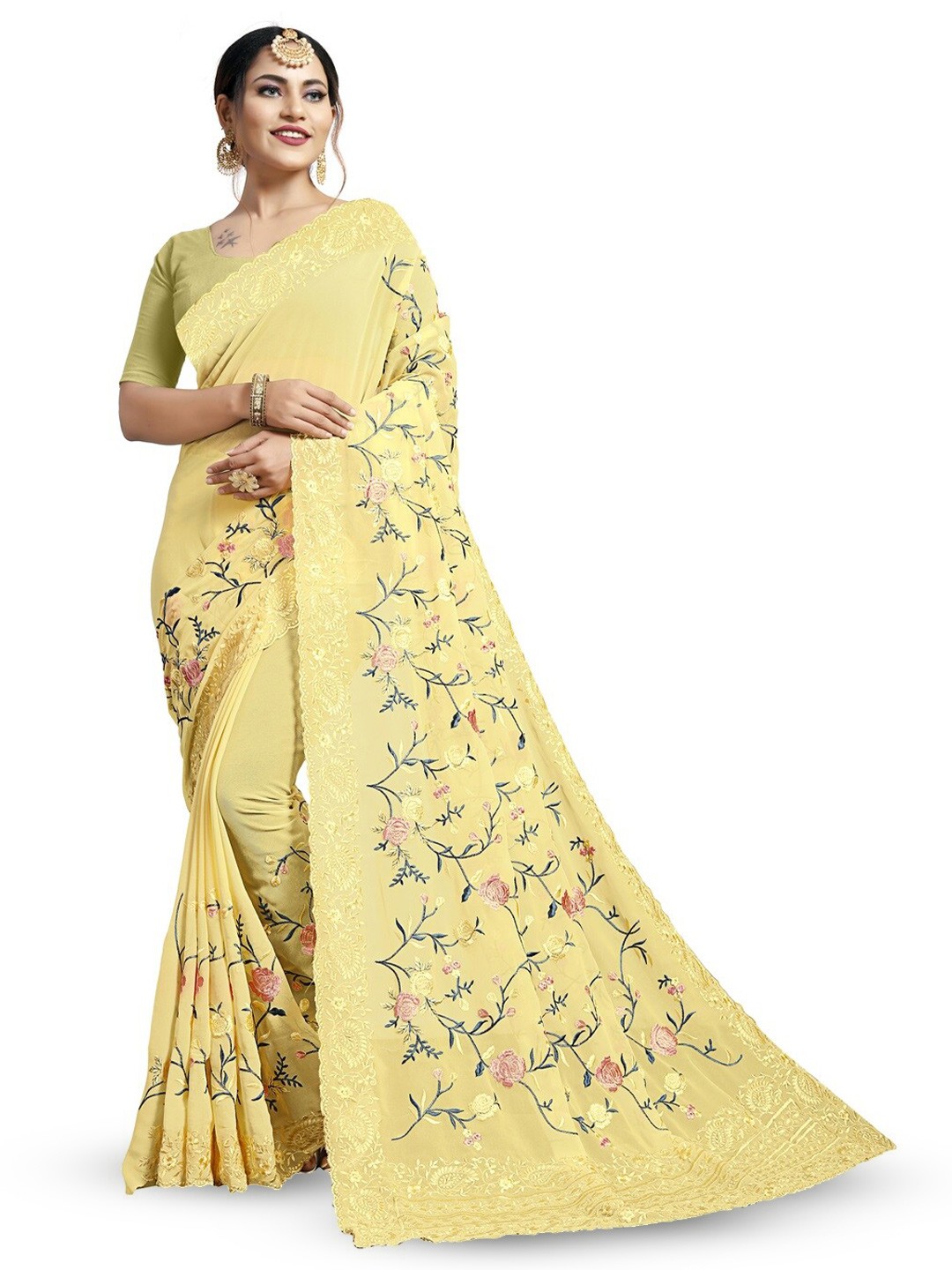 

SAREESBYCHIRAG Ethnic Motifs Embroidered Pure Georgette Saree, Yellow