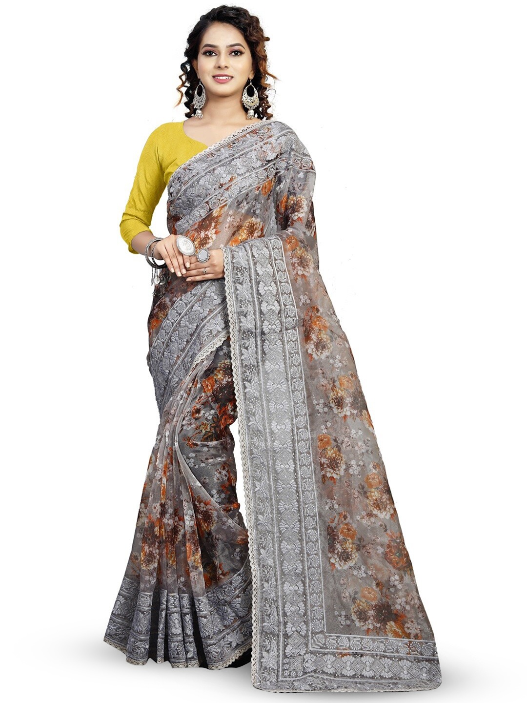 

SAREESBYCHIRAG Floral Embroidered Organza Saree, Grey