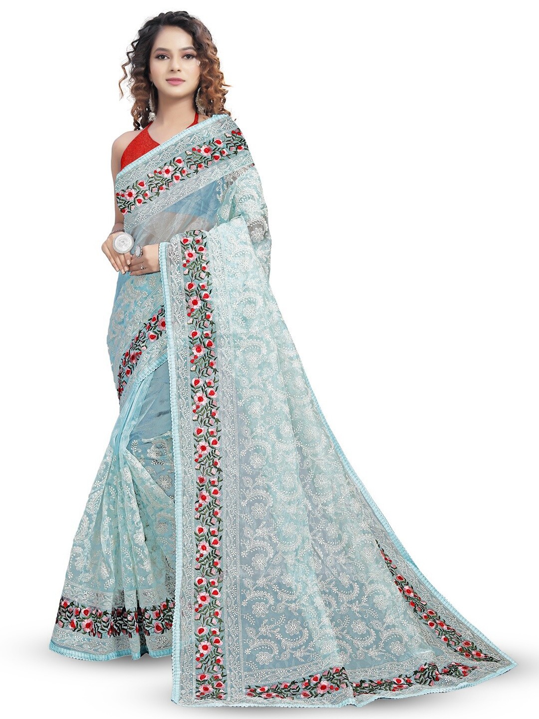 

SAREESBYCHIRAG Ethnic Motifs Embroidered Organza Saree, Blue