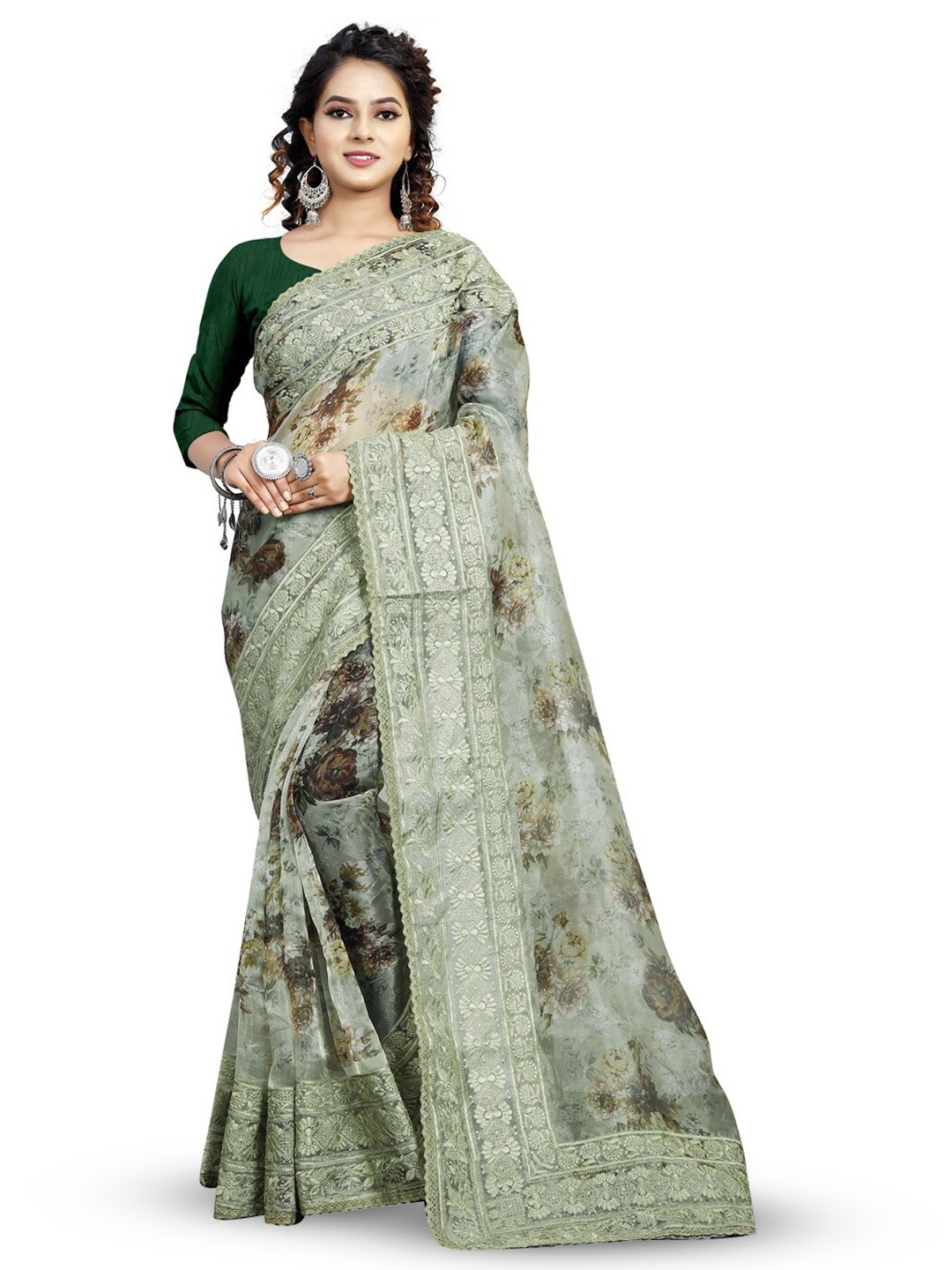

SAREESBYCHIRAG Floral Embroidered Organza Saree, Sea green