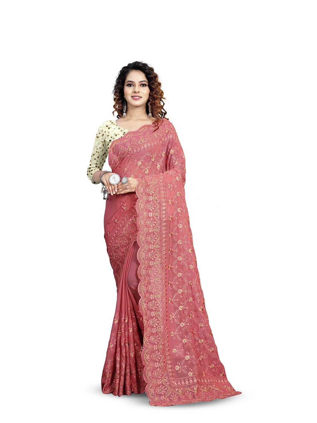 

SAREESBYCHIRAG Ethnic Motifs Embroidered Pure Georgette Saree, Peach