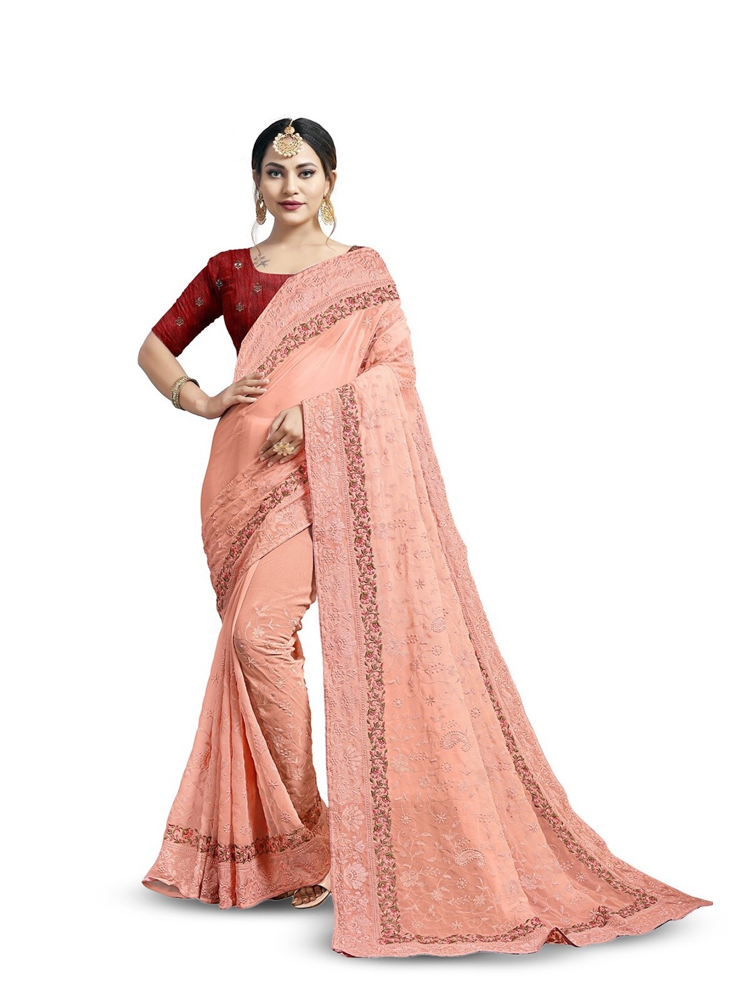 SAREESBYCHIRAG Ethnic Motifs Embroidered Pure Georgette Saree, Peach