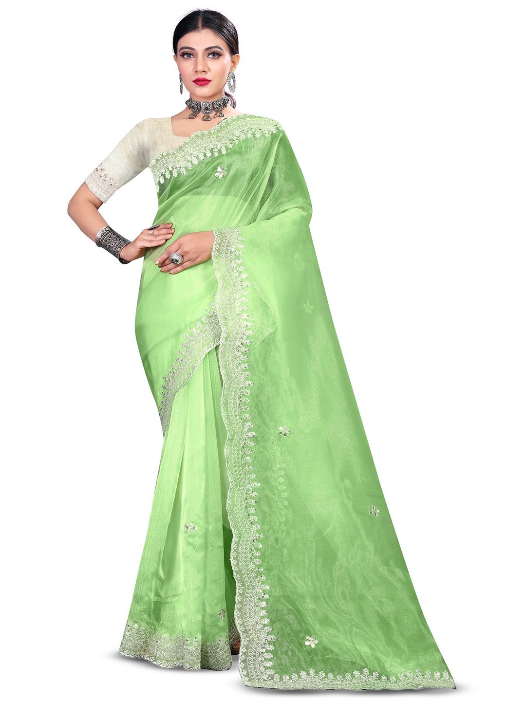 

SAREESBYCHIRAG Floral Sequinned Organza Saree, Sea green