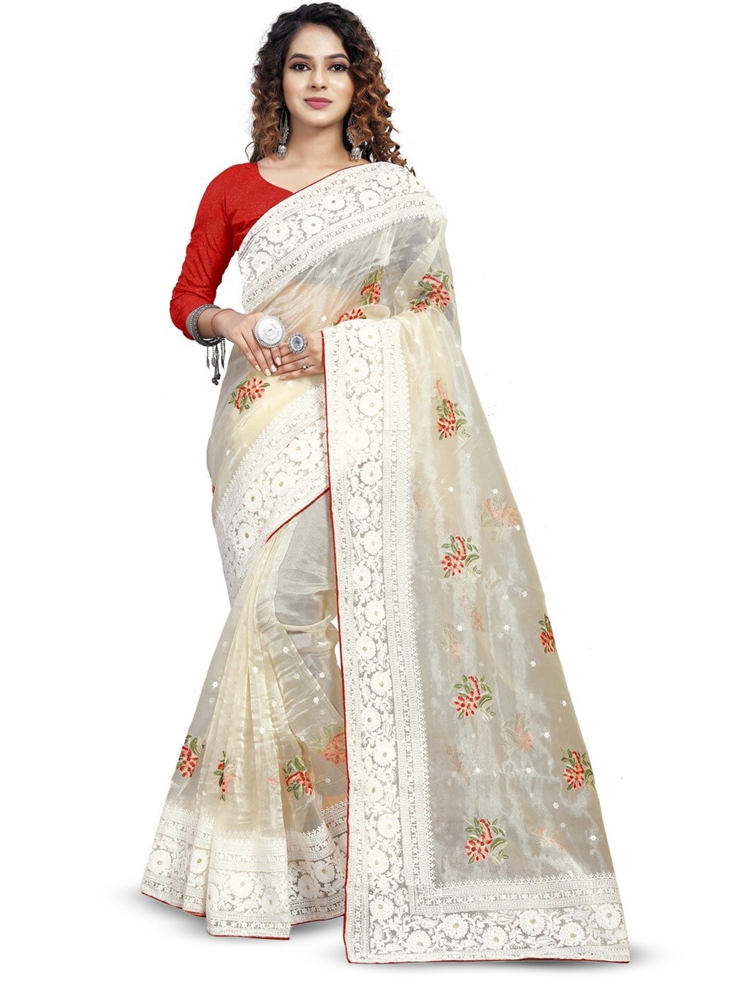 

SAREESBYCHIRAG Ethnic Motifs Embroidered Organza Saree, Off white