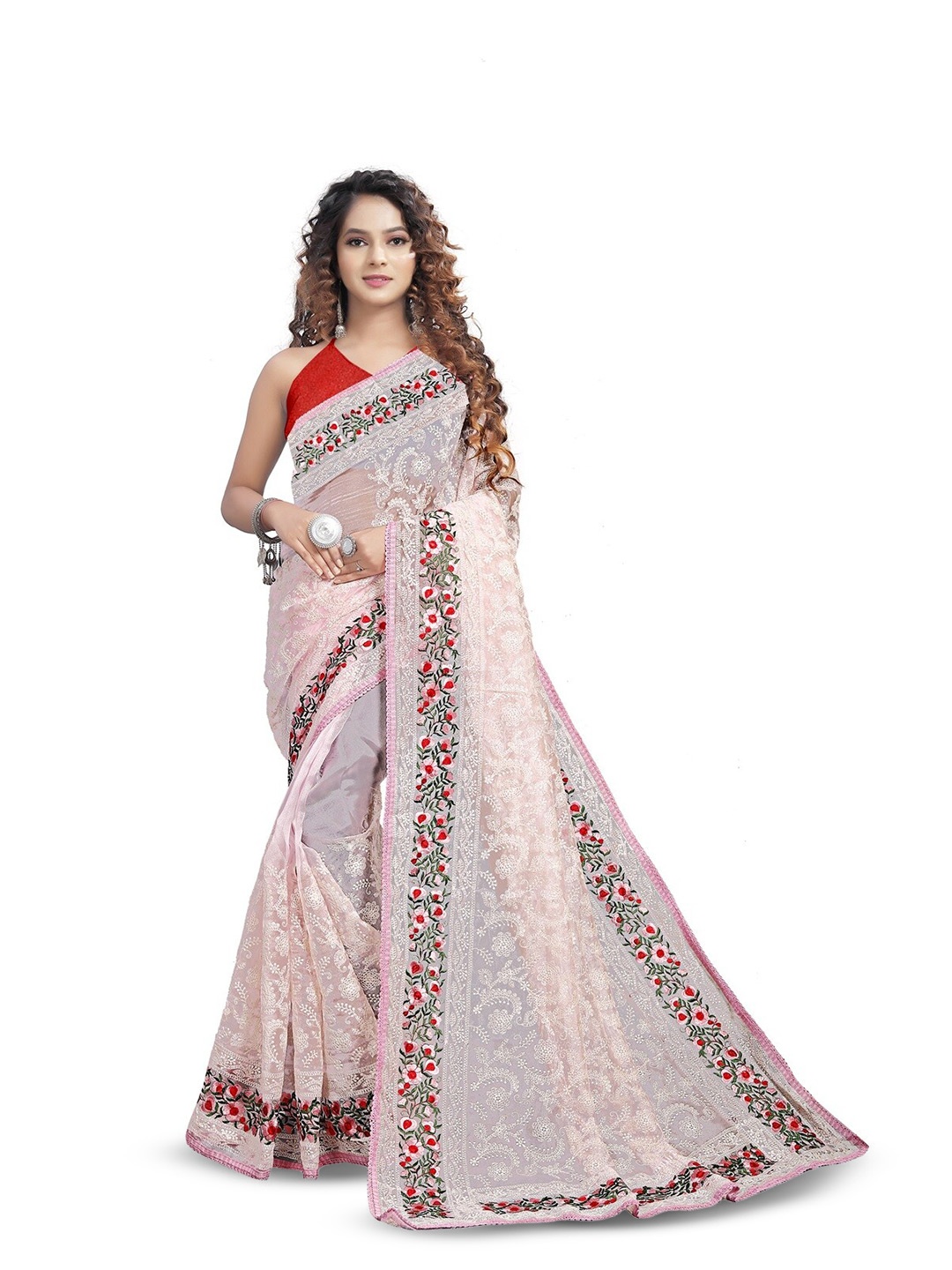 

SAREESBYCHIRAG Ethnic Motifs Embroidered Organza Saree, Pink